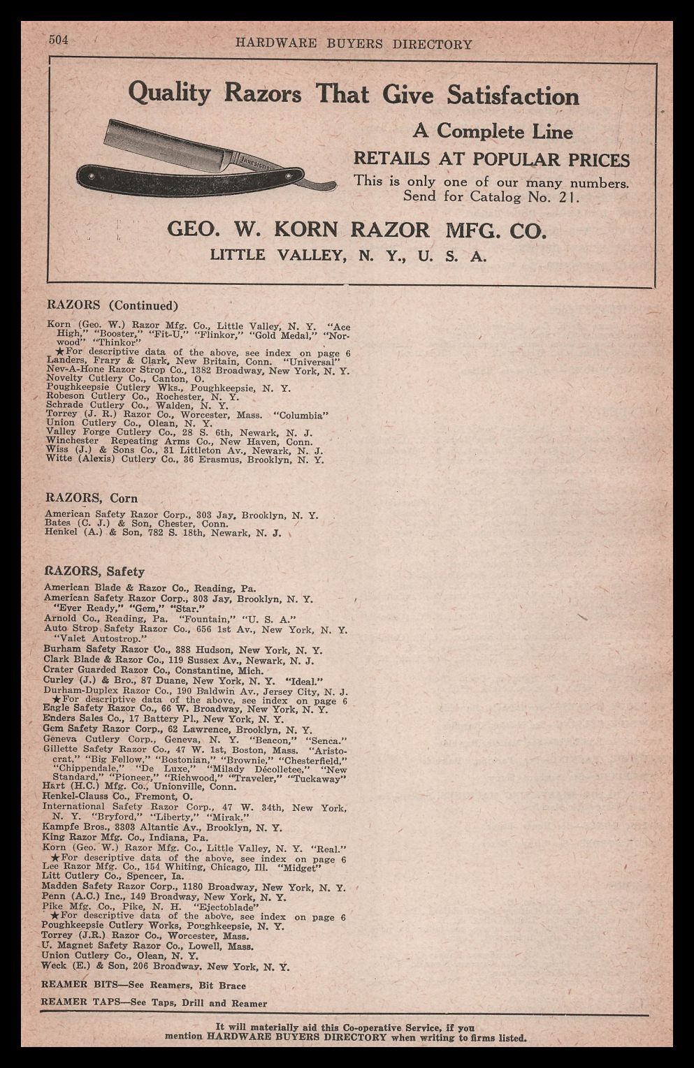 1922 George W. Korn Razor Mfg Co. Little Valley New York Safety Razors Print Ad