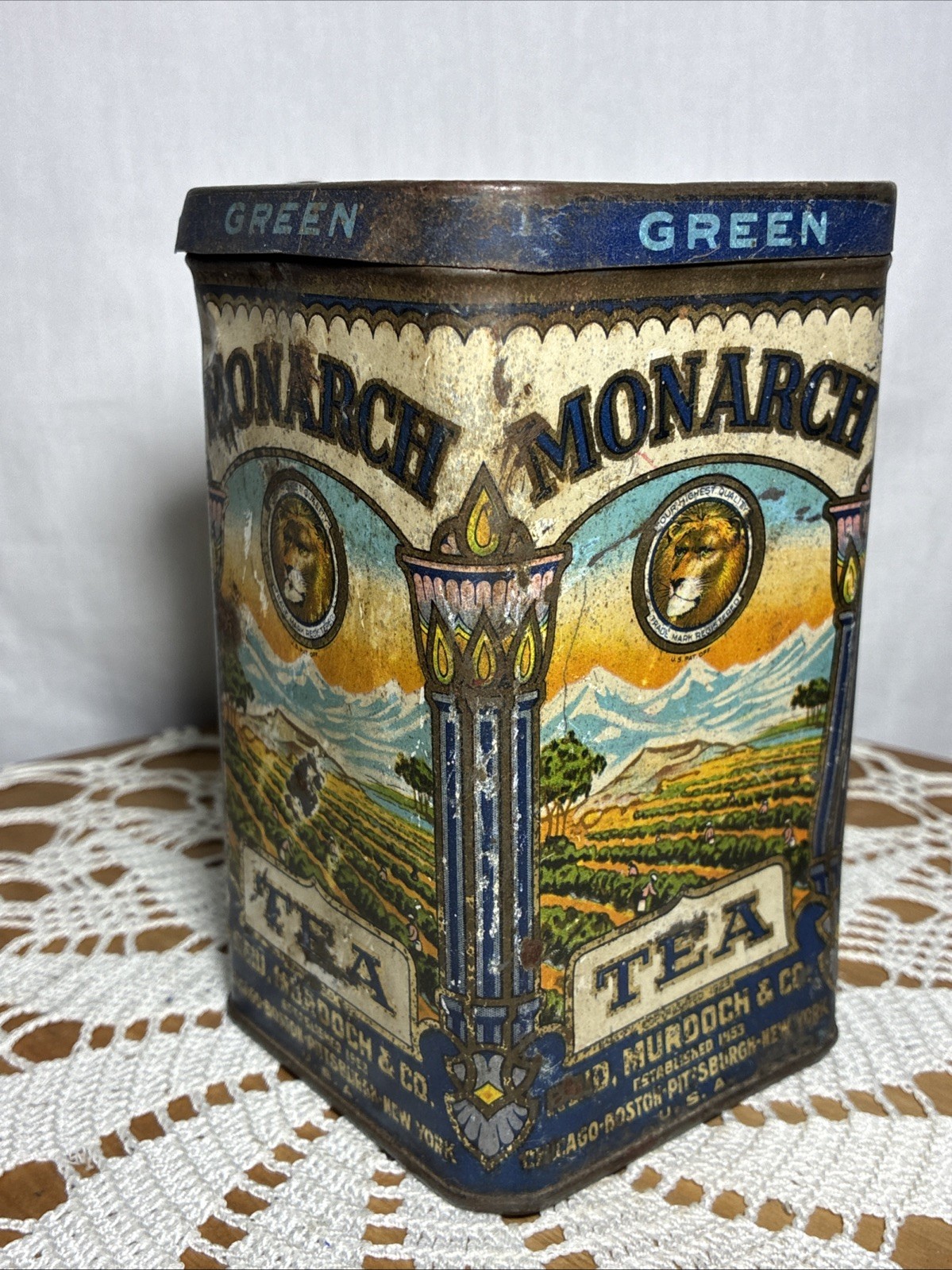 Vintage Monarch Tea Tin 8 oz Can Lion Graphic Hinge Lid Reid Murdoch Advertising