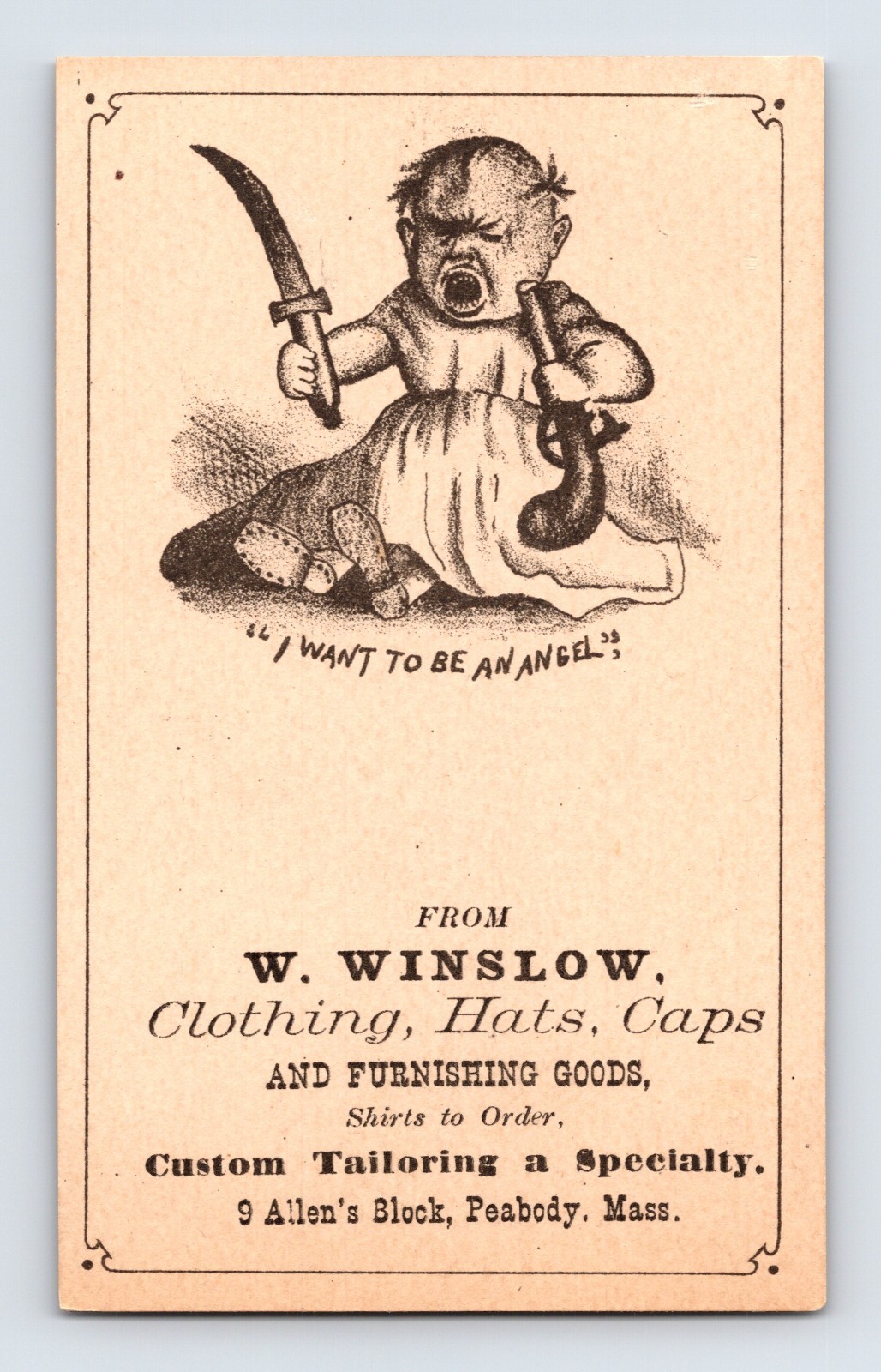 Peabody Mass Winslow Clothing Hats Baby Pistol Knife 1890s Trade Card – 4″ x 3″