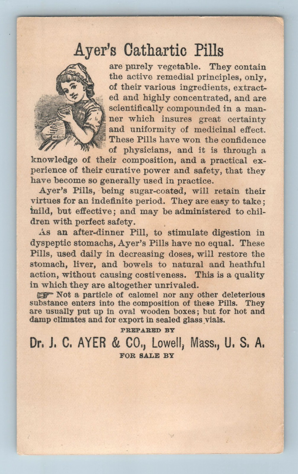 TRADE CARD Ayer’s Cathartic Pills Dr J C Ayer & Co Lowell MA Blonde Girl
