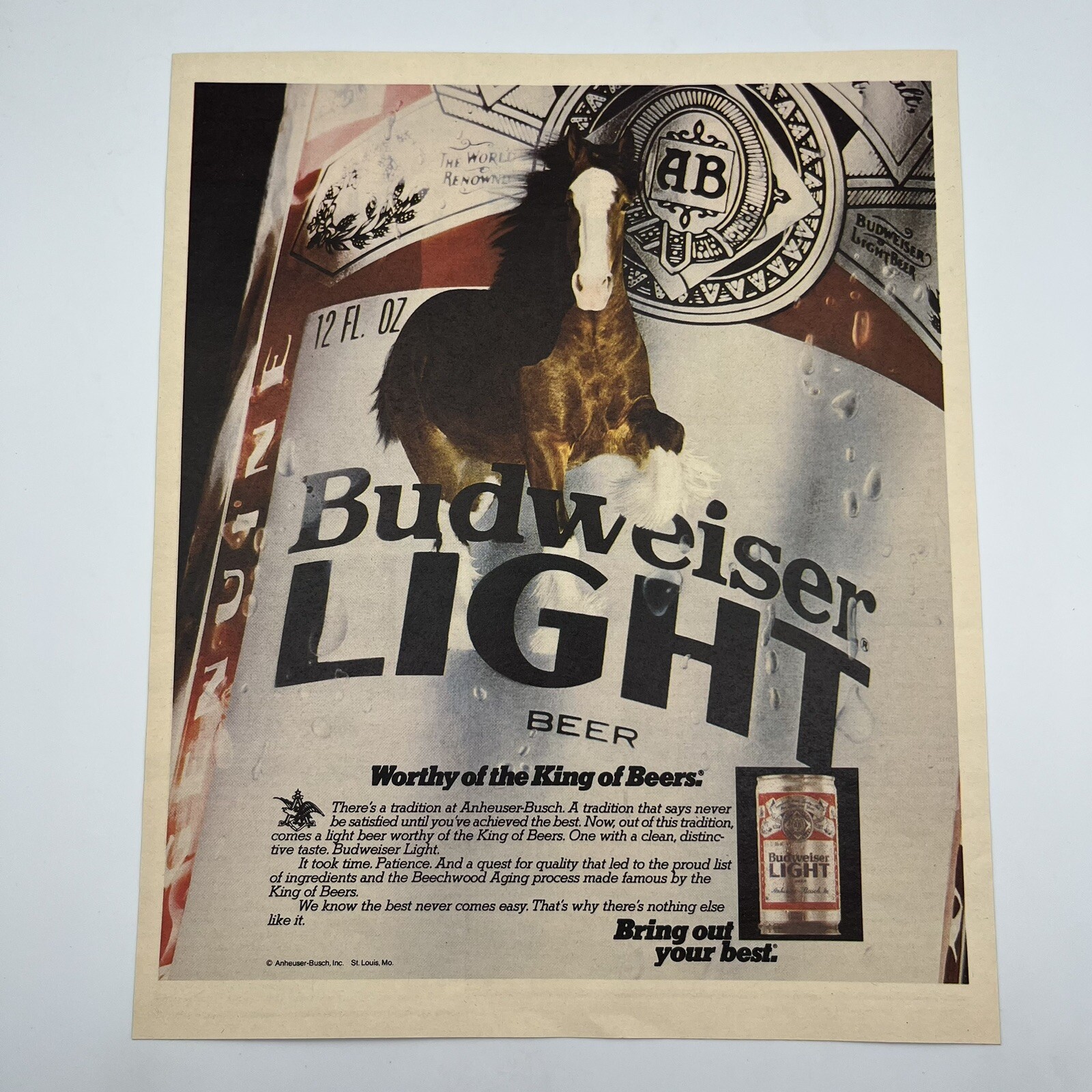 Budweiser Light Beer 1982 Vintage Print Ad 10″x12.5″ Clydesdale horse snow art