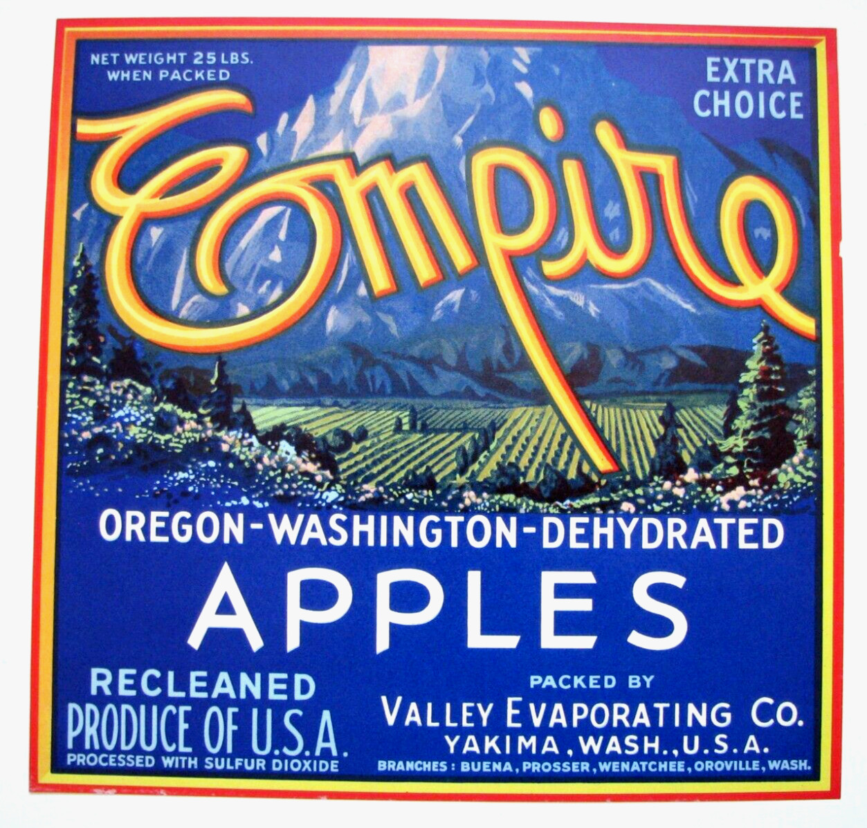 Original EMPIRE apple crate label Valley Evaporating Co Yakima Buena Prosser WA