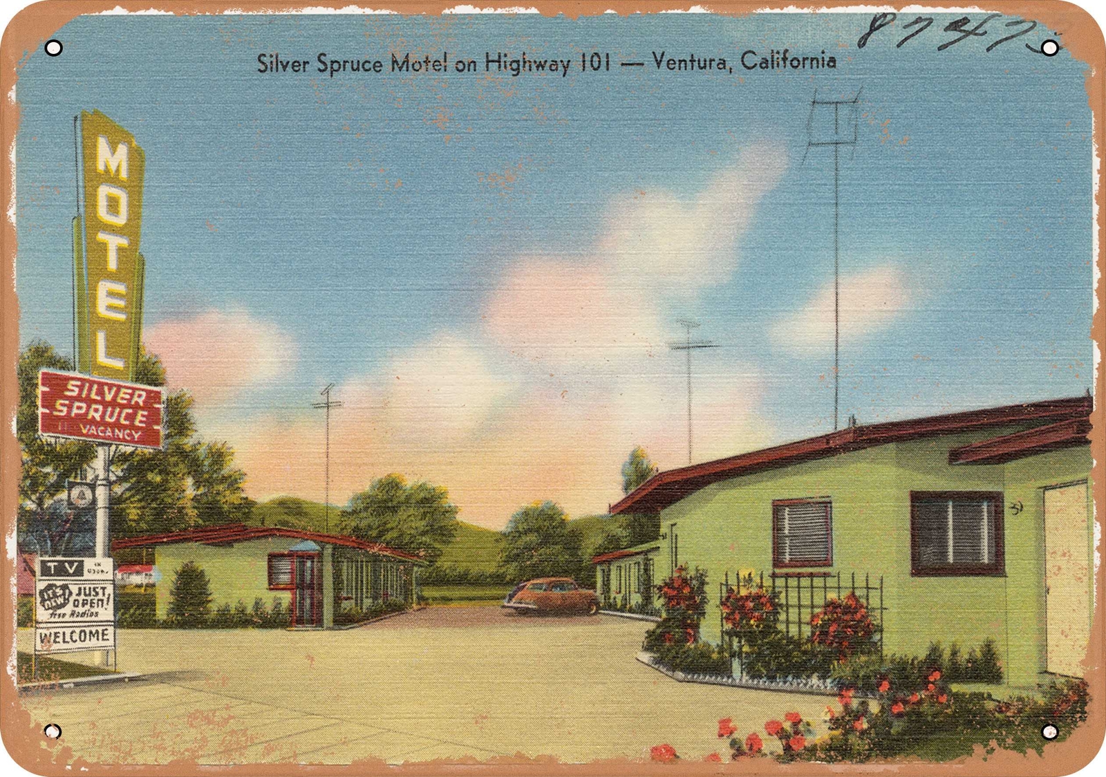 METAL SIGN – California Postcard – Silver Spruce Motel on Highway 101 — Ventur