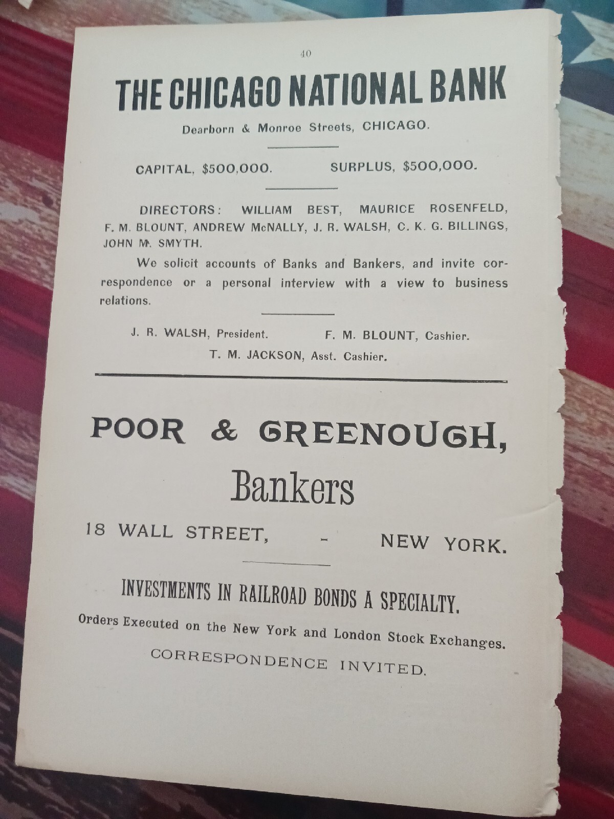 ☆1898 Orginal Print Ad CHICAGO NATIONAL BANK ~ F.M. Blount T.M. Jackson Cashier
