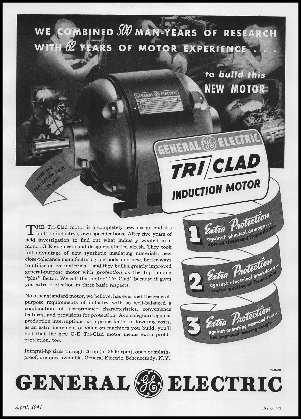 1941 General Electric Schenectady NY Tri-Clad Induction Motor Vintage Print Ad
