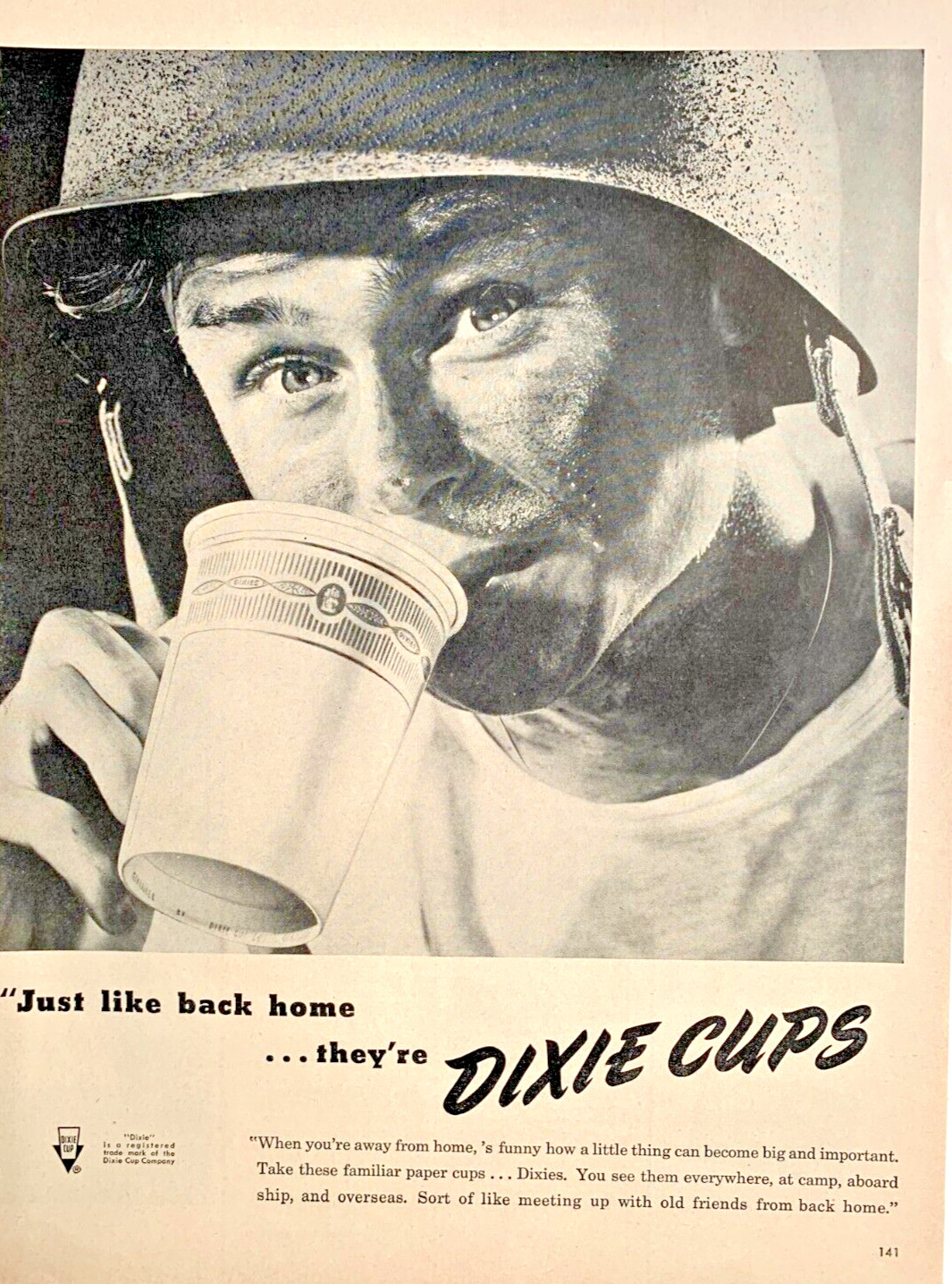 Print Ad Dixie Cups Life Magazine 13″x 10″ Happy GI Soldier Helmet Korean War