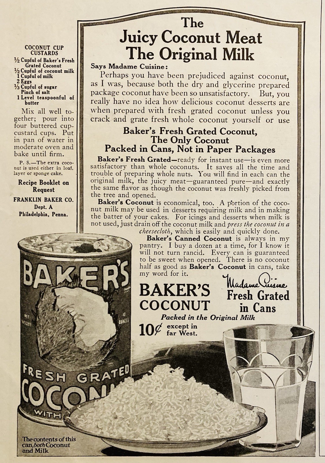 1917 AD.(N13)~FRANKLIN BAKER CO. PHIL. PA. BAKER’S COCONUT IN CANS