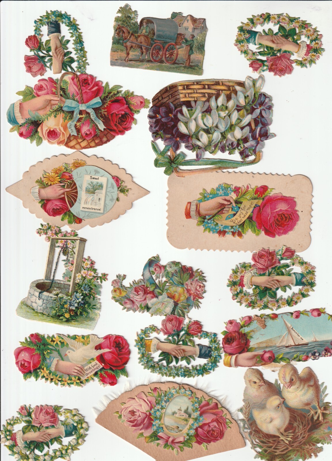 1880’s-90’s Lot of 15 Die Cut Lovely Wild Roses Chickens Basket Well