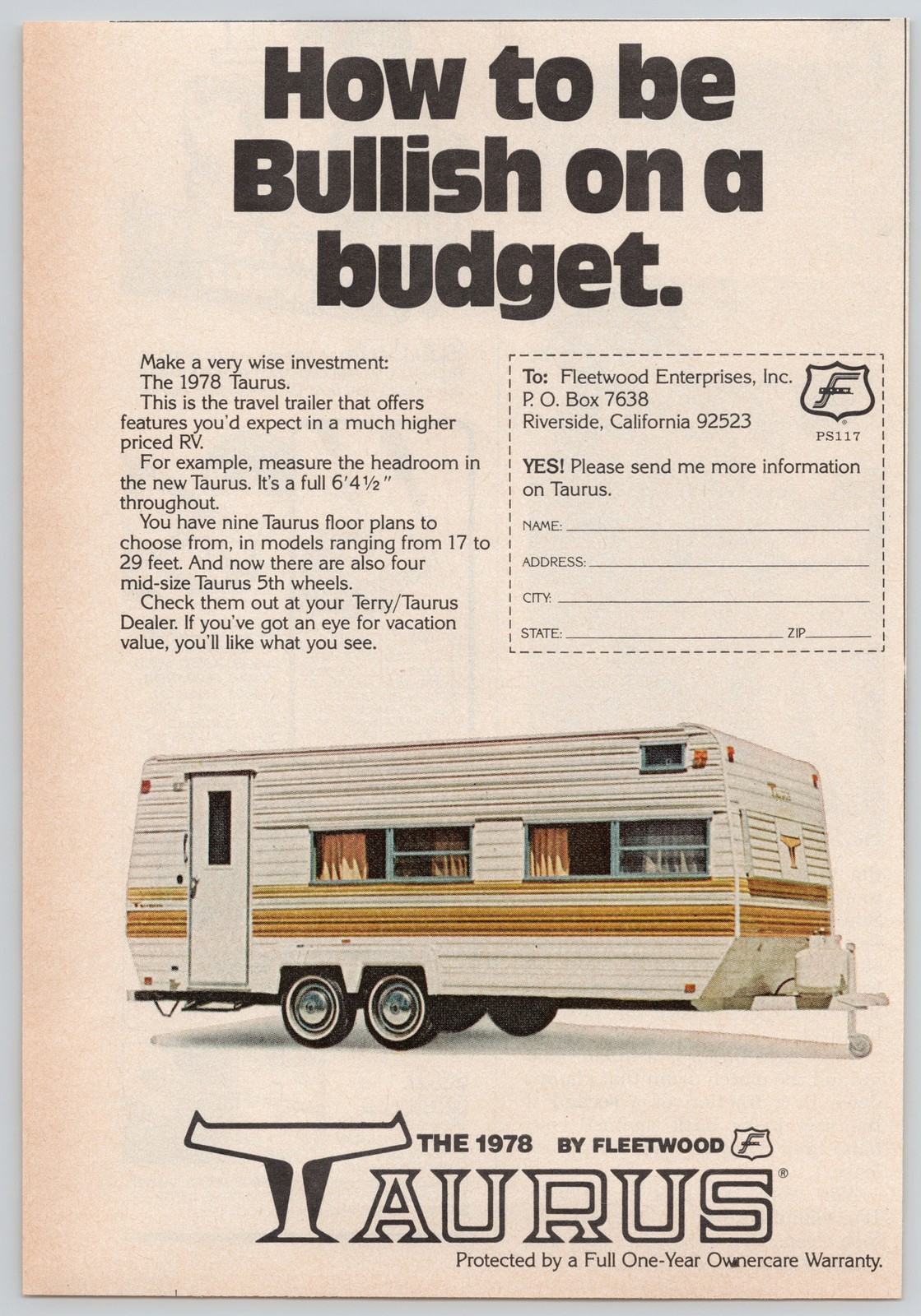1978 Taurus RV Fleetwood Enterprises Trailer Camping 6’4 1/2″ 1978 Print Ad