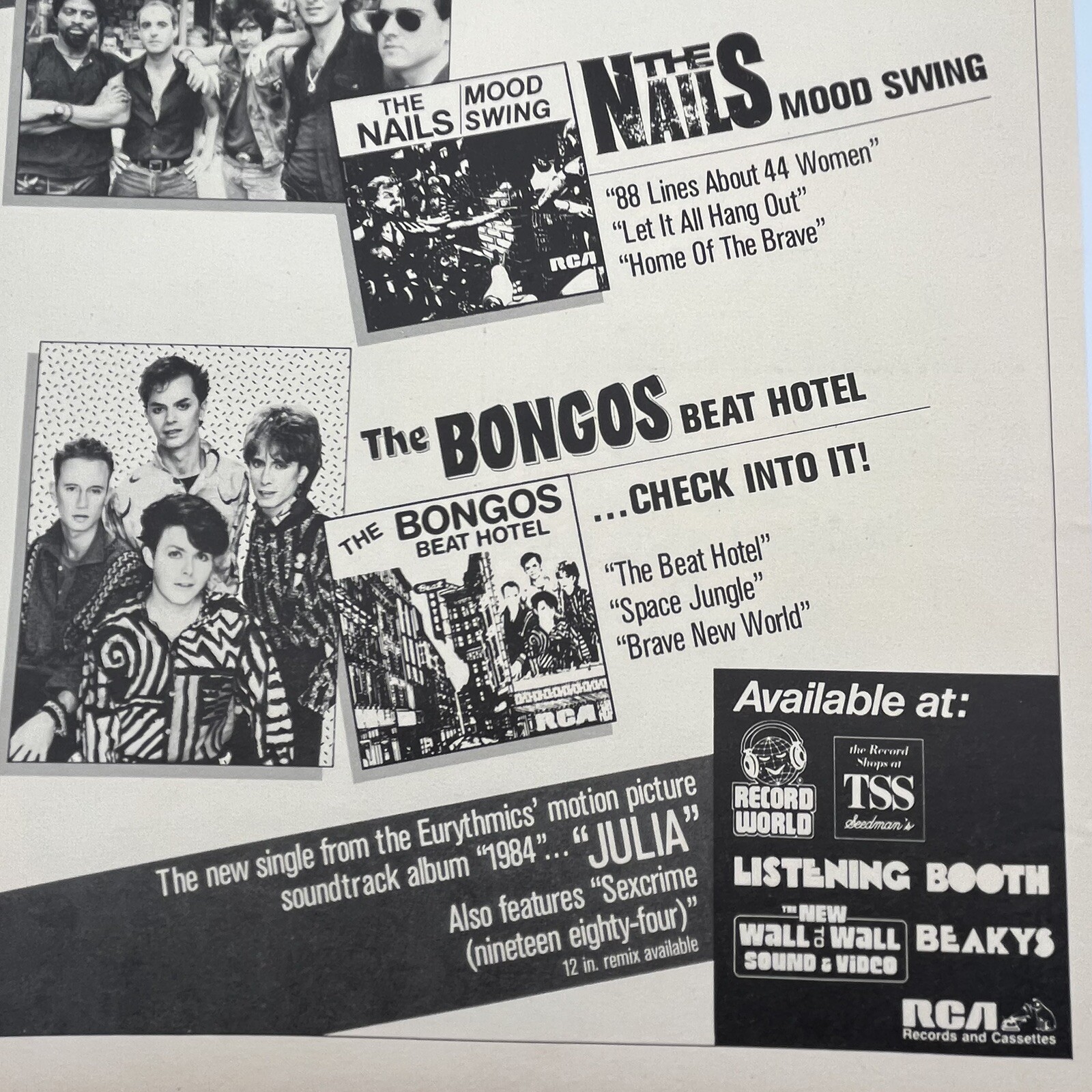 The Bongos The Nails Record World 1985 Promo Print Ad 9.5″x12″ Listening Booth