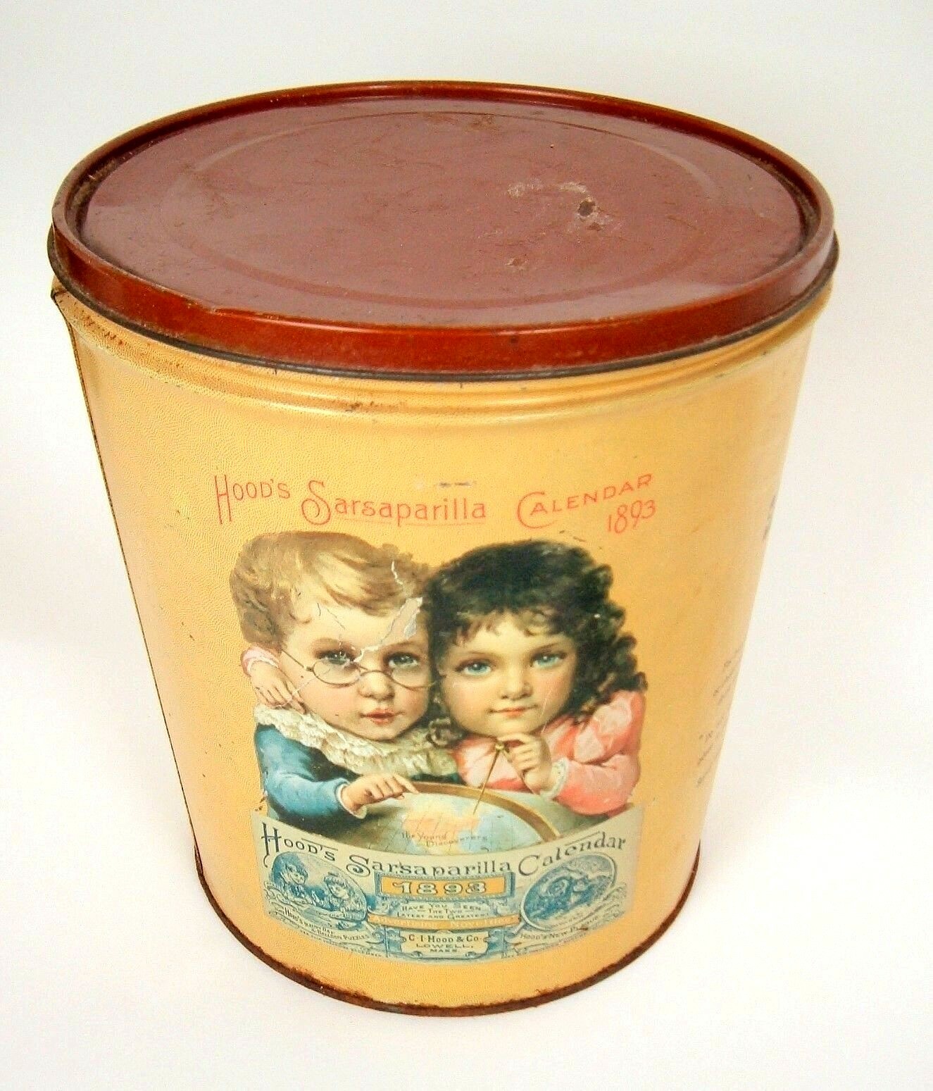 Vtg Tin HOOD’S SARSAPARILLA Planter bucket with lid 1893 Reproduction Ad