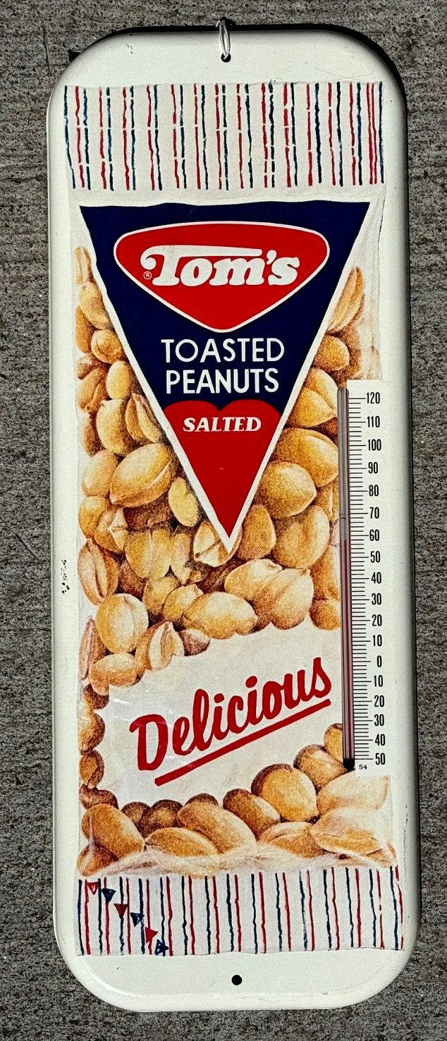 Vintage Toms Toasted Peanuts Metal Thermometer Sign 16×6 nice condition