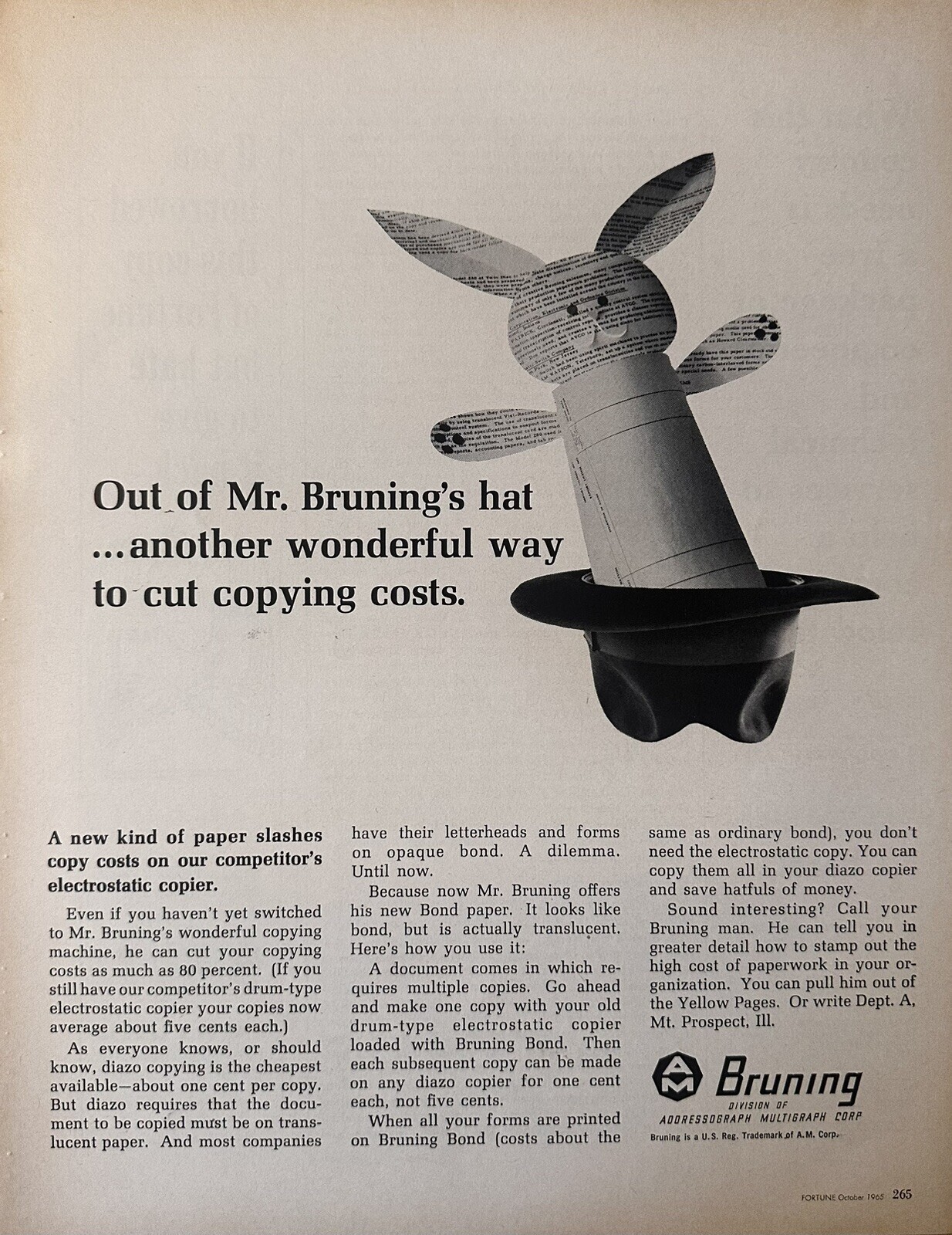 1965 Bruning Copying Machine Print Ad, Paper Bunny Illustration, Black Hat