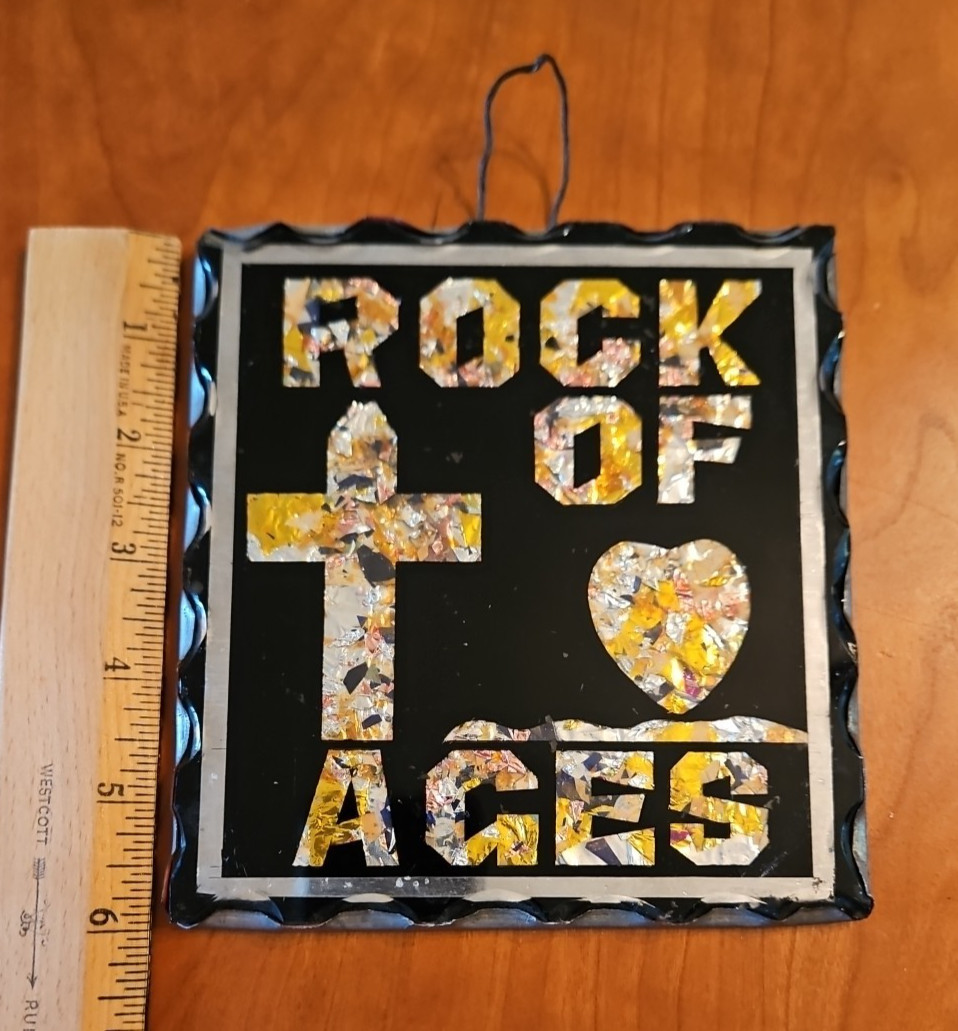 Art Deco Antique Scalloped Reverse Glass Sign Rock of Ages