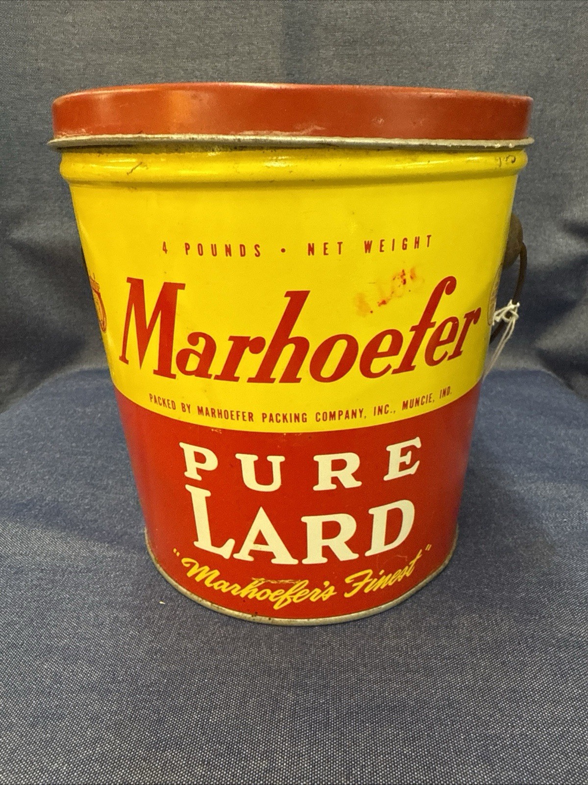 Marhoefer Yellow and Red Pure Lard Metal Pail with Handle. Muncie IN. 4 Lb Size