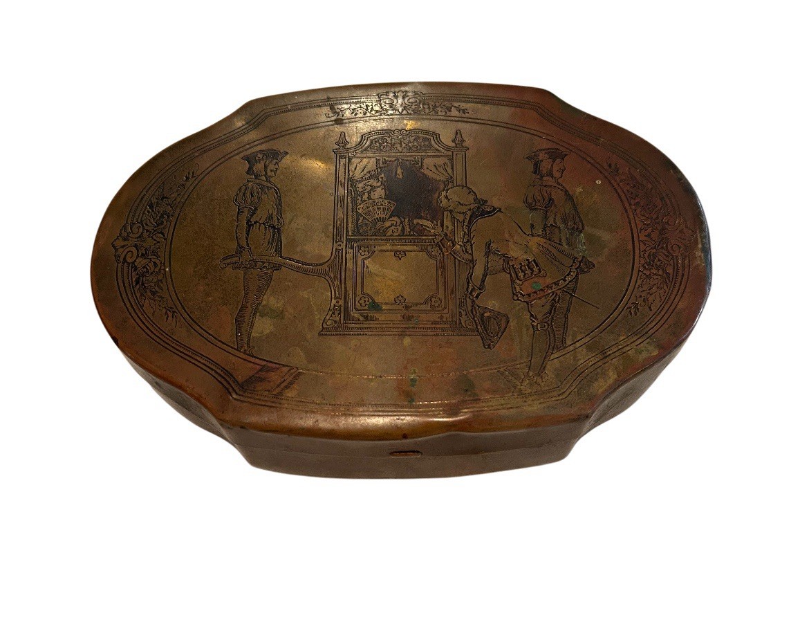 Vintage Schrafft’s Candy Box Hinged Boston MA Brass With Etched Queen Design