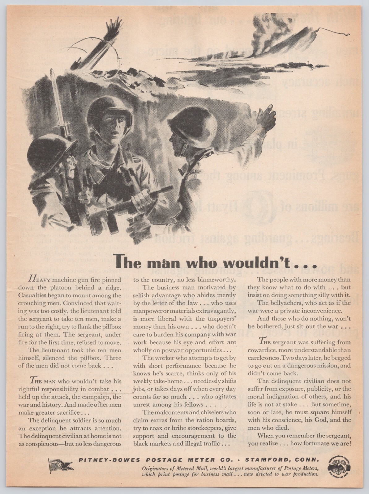 Pitney Bowes The Man Who Wouldnt WWII Soldier Responsibility Duty Print Ad 1944