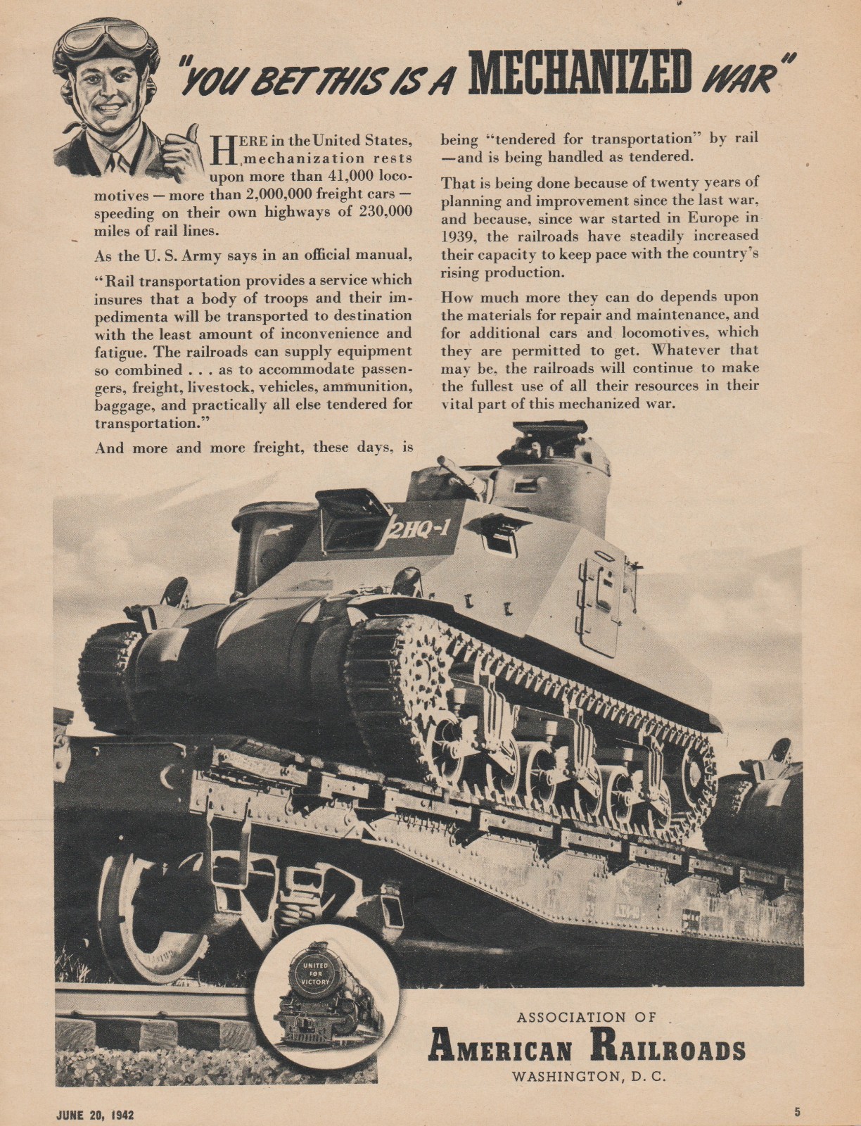 1942 Association Of American Railroads – Train, Tank “Mechanized War” – Print Ad