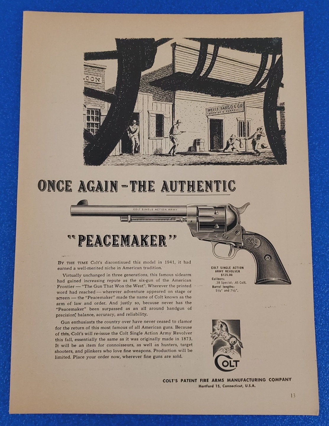 1956 Colt Peacemaker Single Action Army Revolver Vintage Old West Authentic Ad