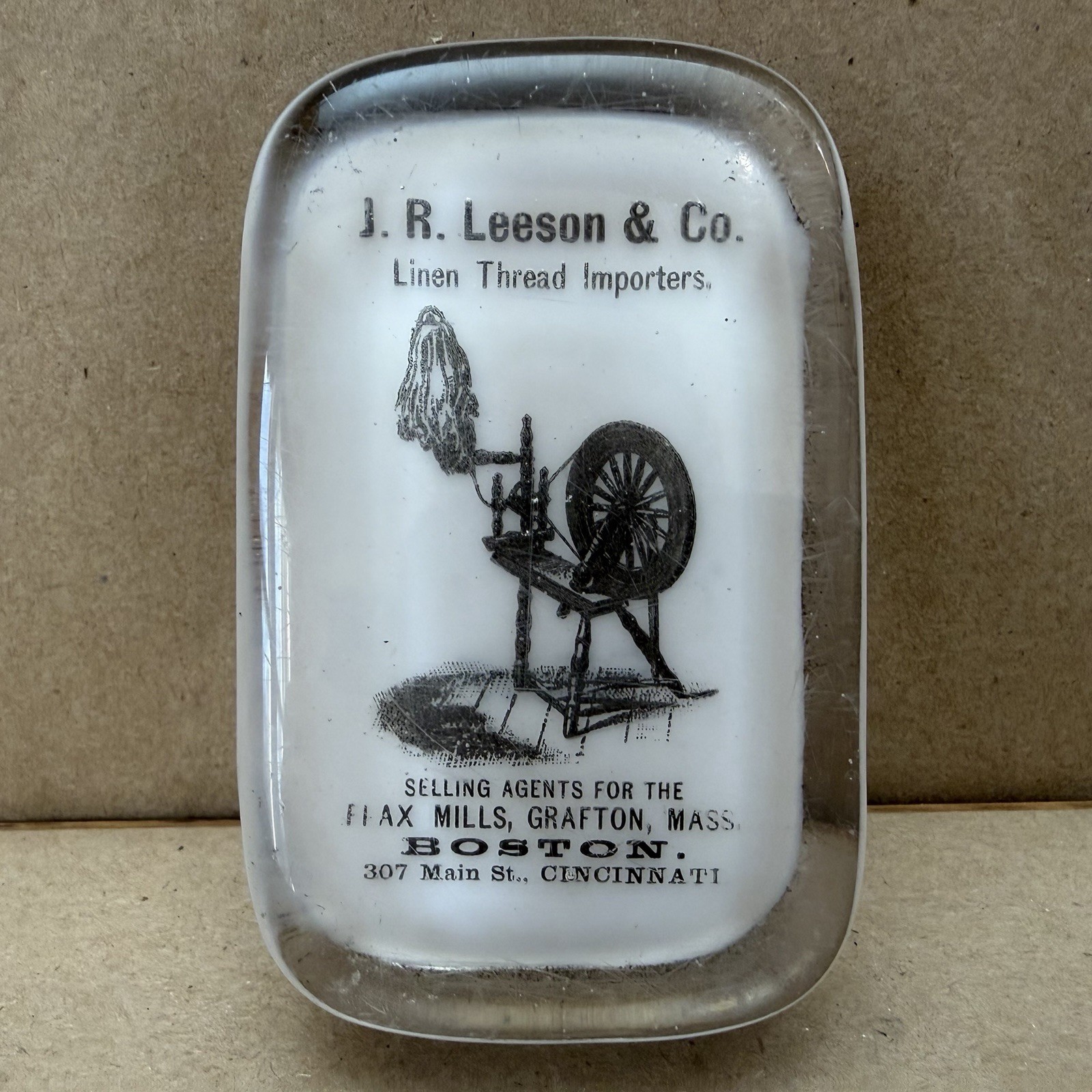 Antique Glass Advertising Paperweight Mill Boston Cincinnati Garment Sewing