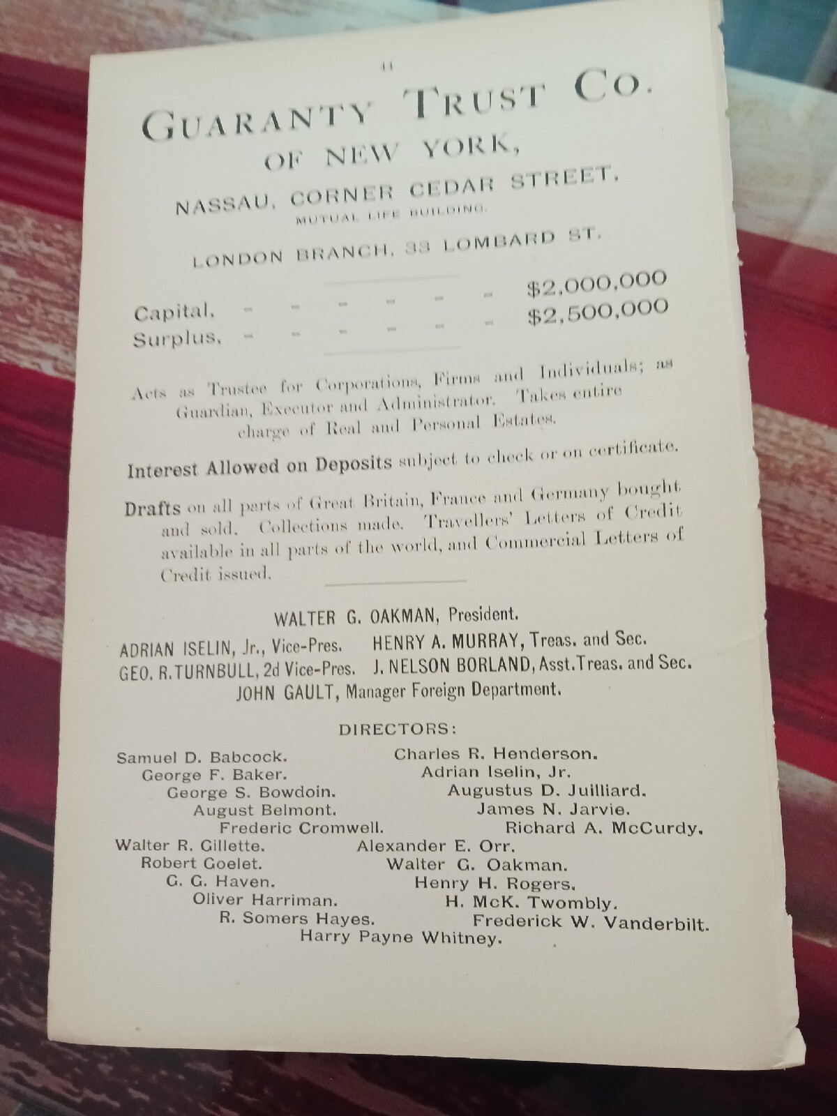 ☆1898 Orginal Print Ad GUARANTY TRUST COMPANY OF NEW YORK ~ Walter Oakman Pres.