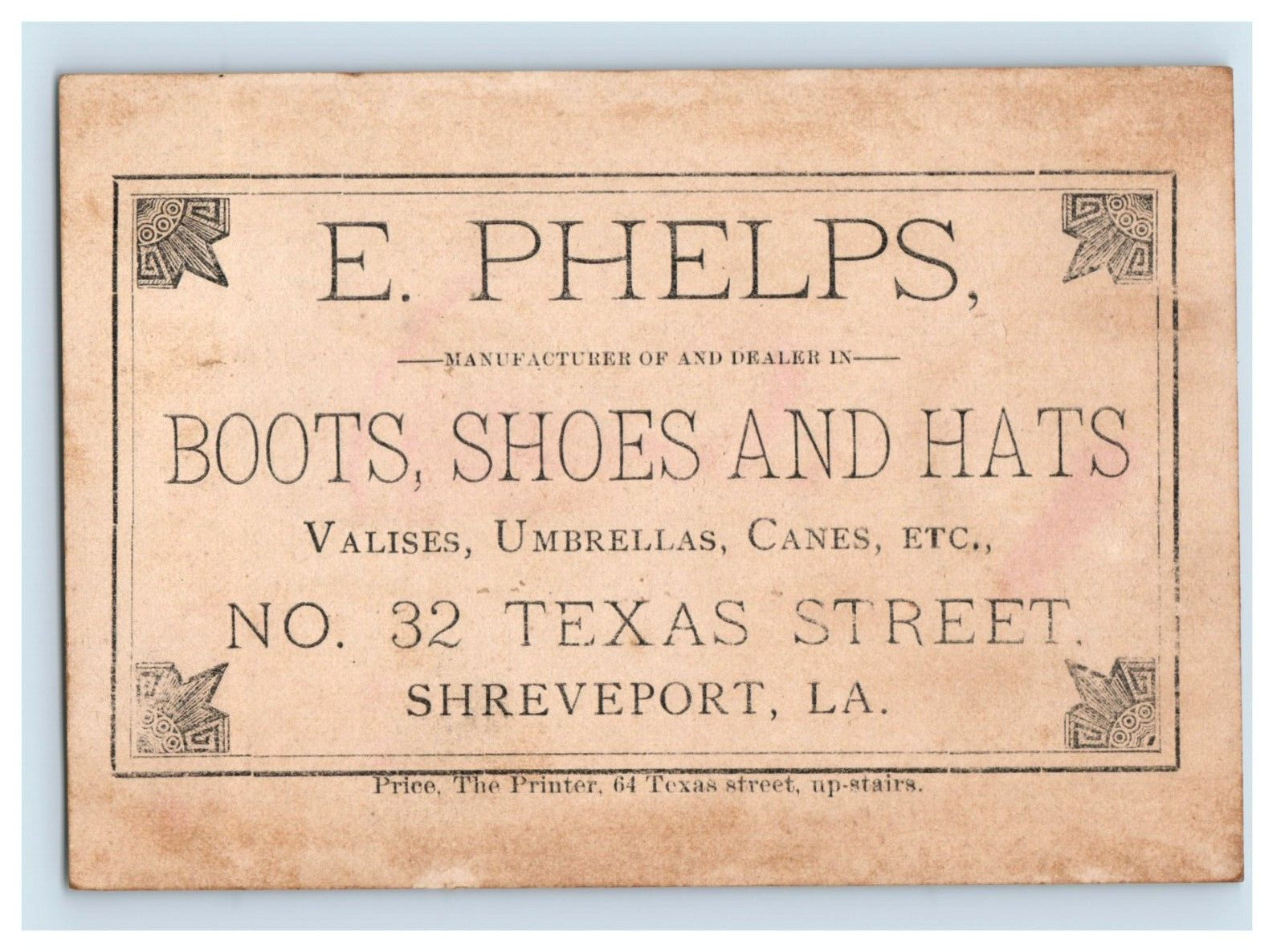 1880s E. Phelps Boots Umbrellas Canes Shreveport, LA Postage Stamp & Girl F164