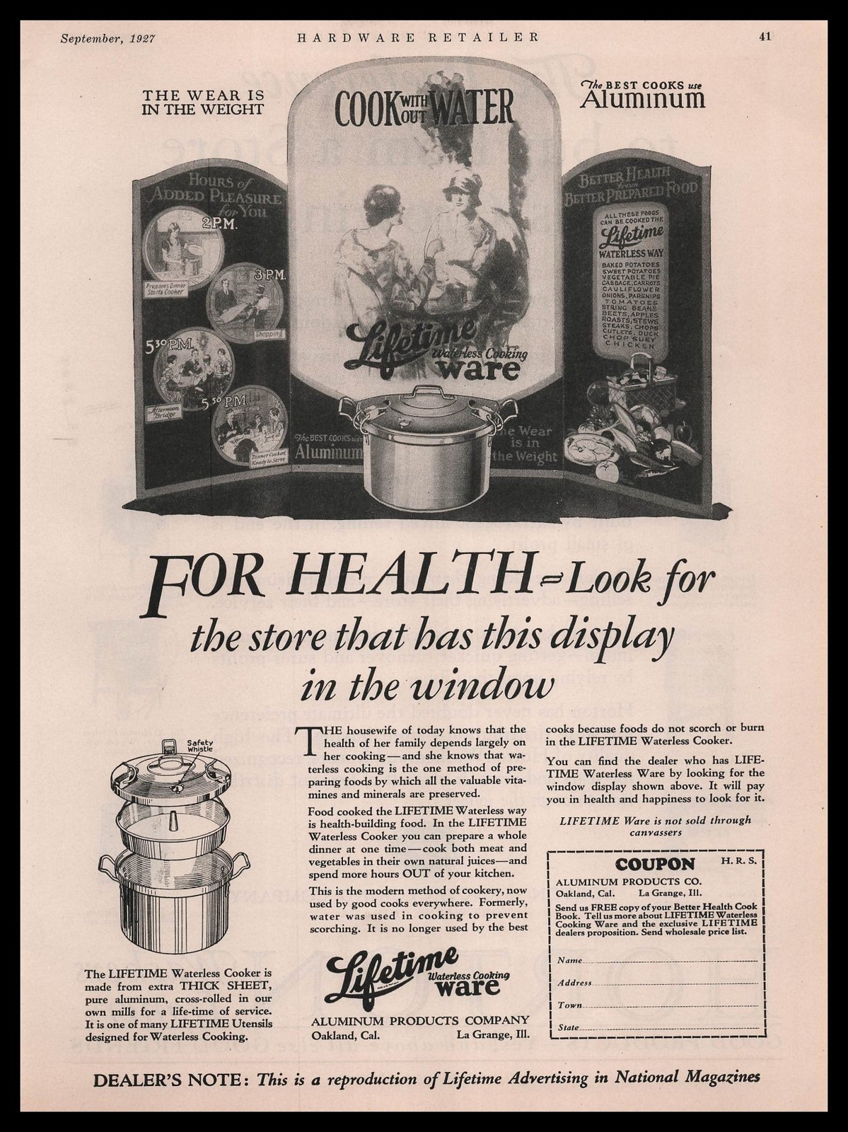 1927 Aluminum Products Oakland CA Photo Store Display Lifetime Cookware Print Ad