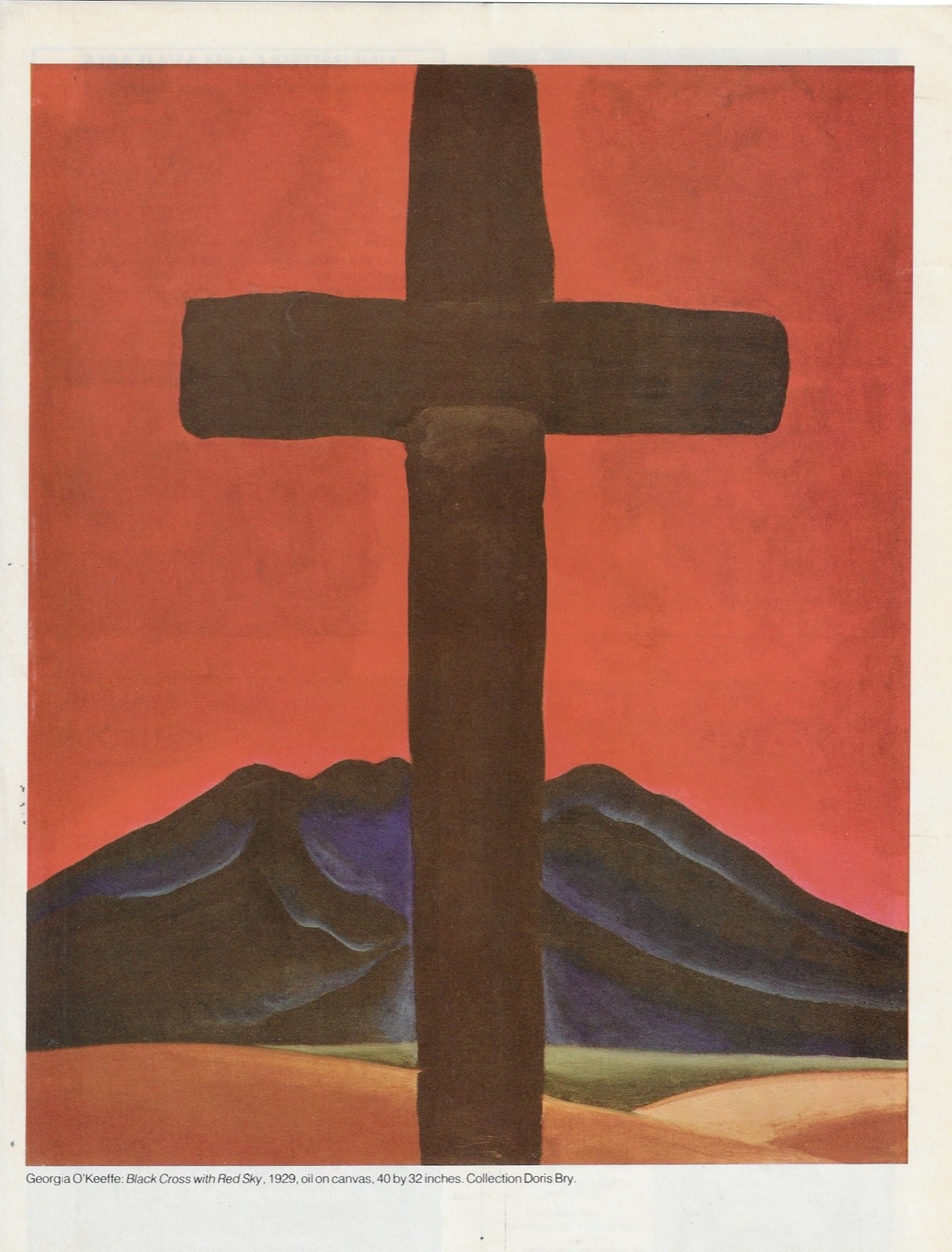 GEORGIA O’ KEEFFE c1929 Black Cross Red Sky Art 1970’s Magazine Print