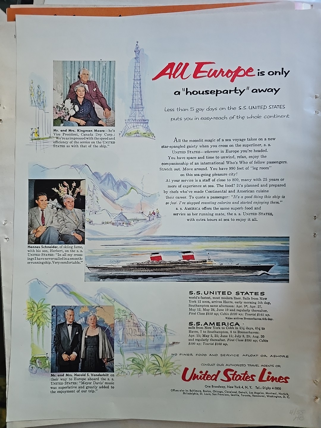 1955 United States Lines Cruise Ship All Europe houseparty vintage ad