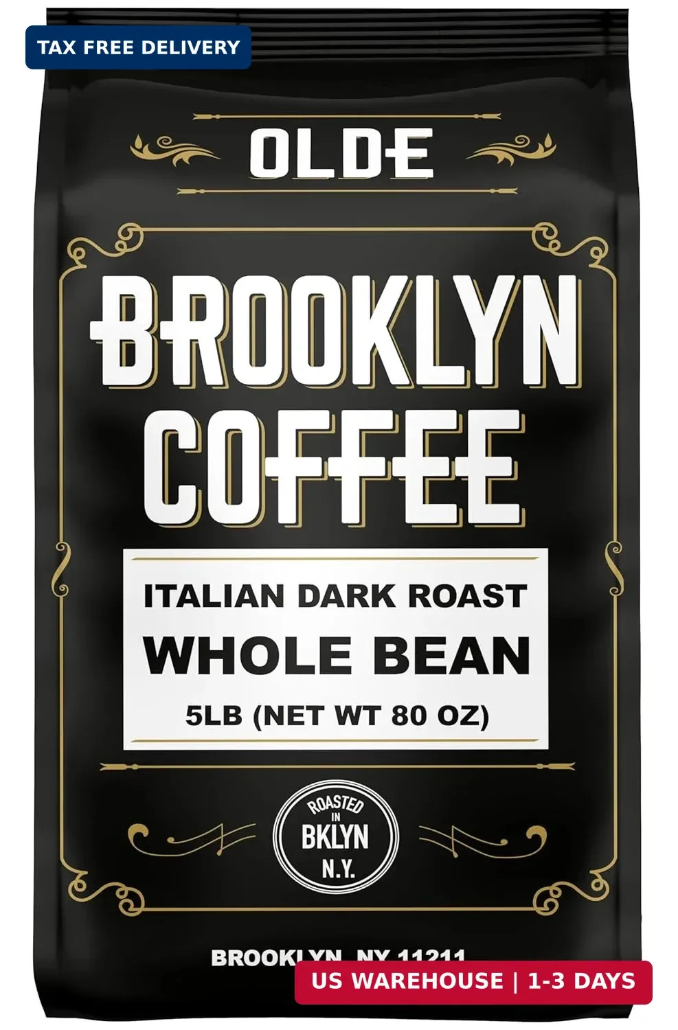 BROOKLYN COFFEE Whole Bean, Italian Dark Roast (5lb) Extra Strong, Delicious Tas