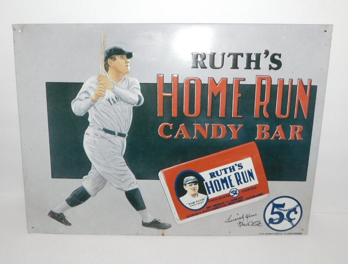NEAT BABE RUTH’S HOME RUN CANDY BAR TIN REPRODUCTION SIGN DESPERATE SIGN CO