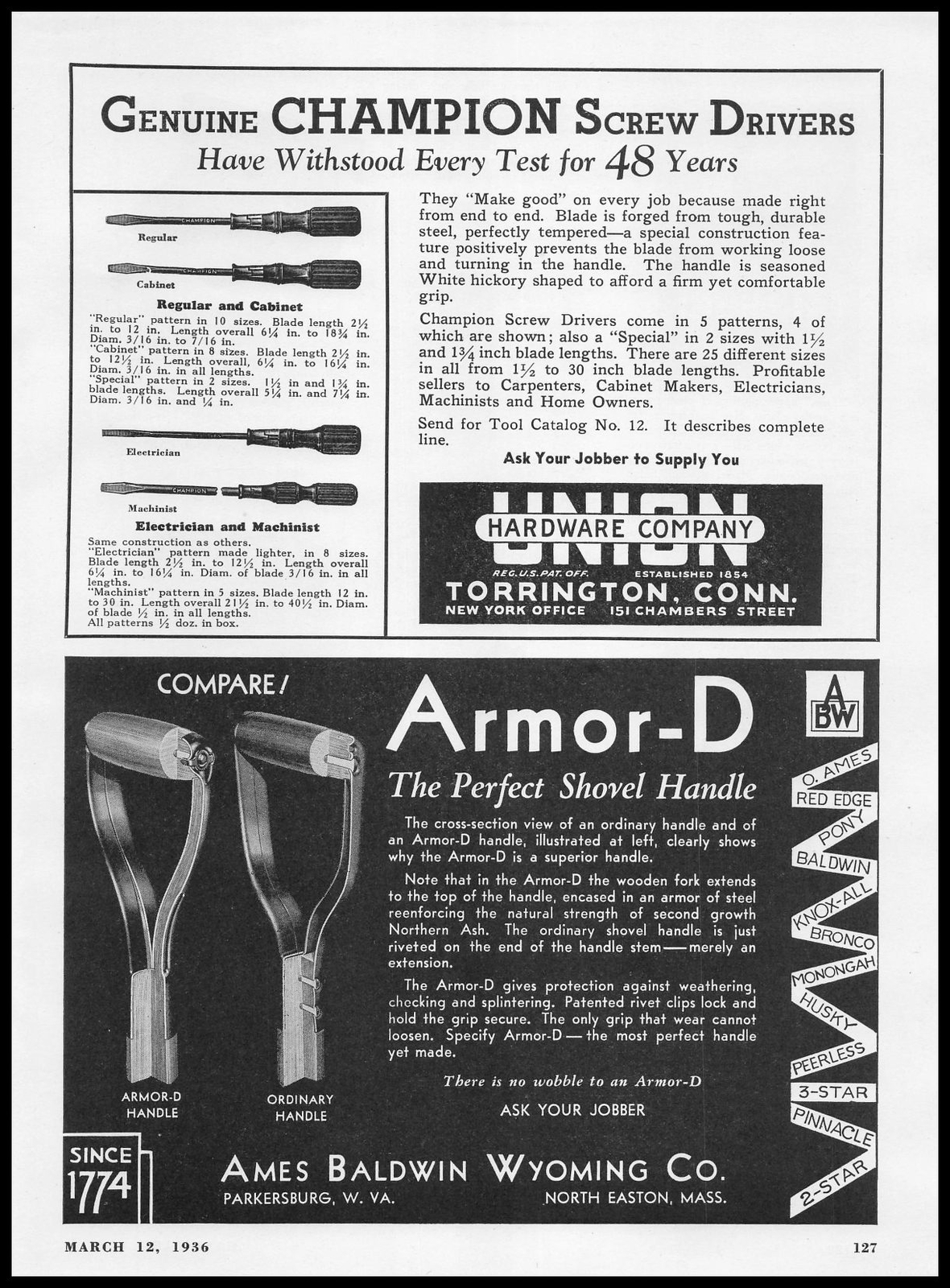 1936 Ames Baldwin Wyoming Company Armor-D Shovel Handles Vintage Print Ad