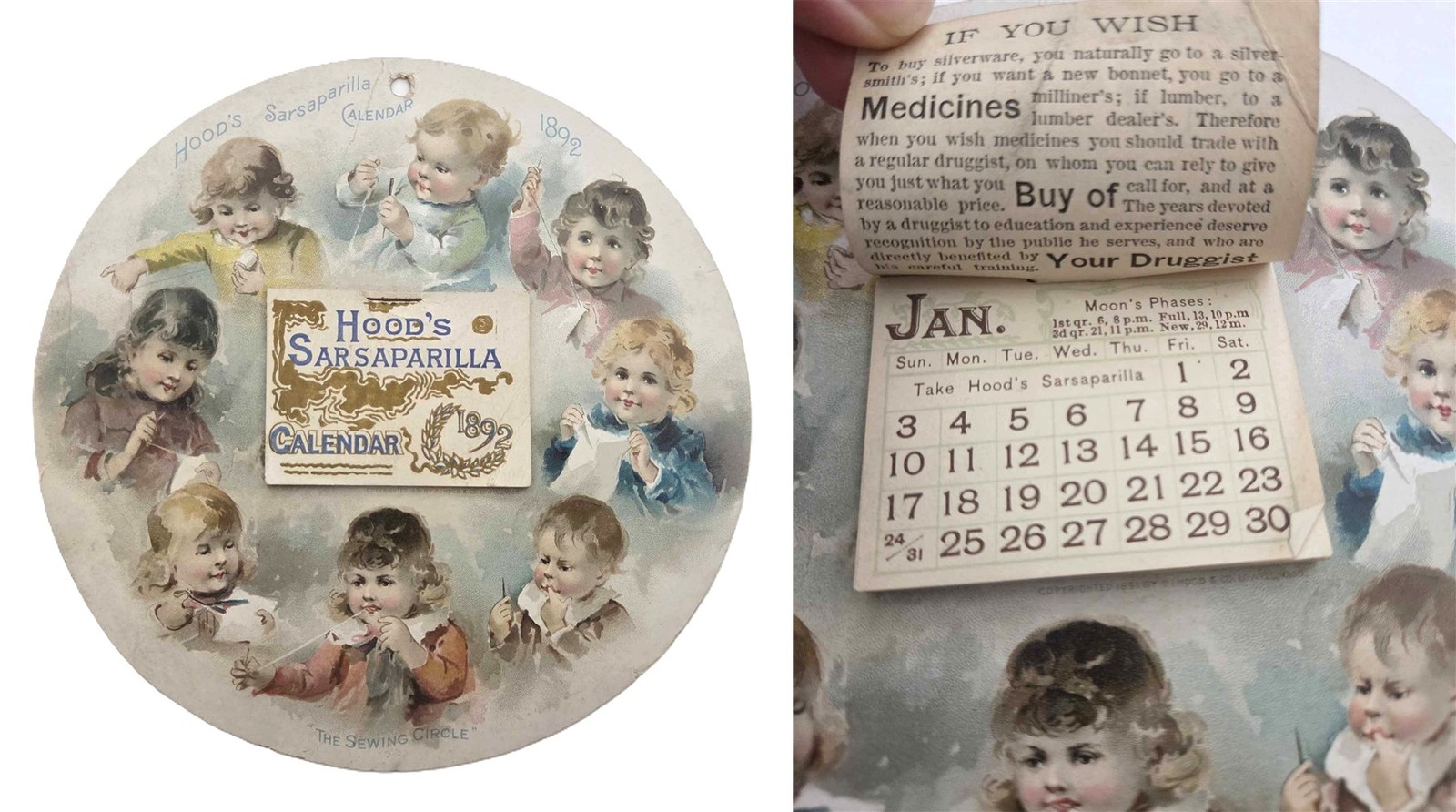 1892 antique HOOD’S SARSAPARILLA sewing circle CALENDAR advertising die cut