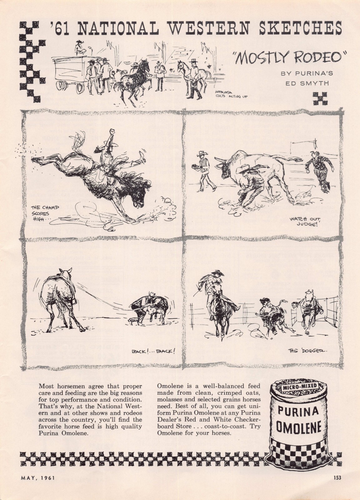 National Western Sketches Graphics Purina Omolene Care Feeding Vintage Print Ad