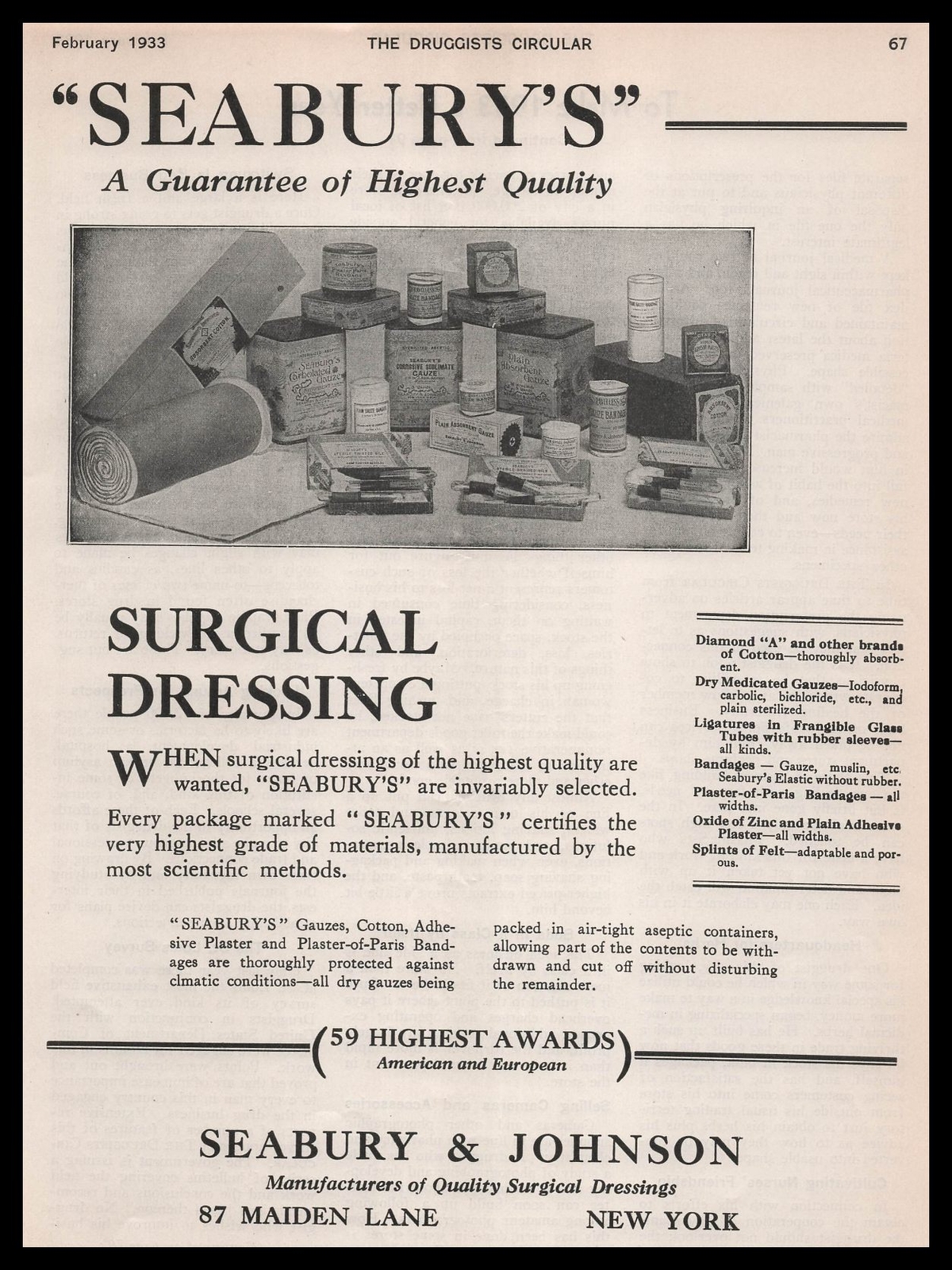 1933 Seabury & Johnson New York City NY Surgical Dressing Line Vintage Print Ad