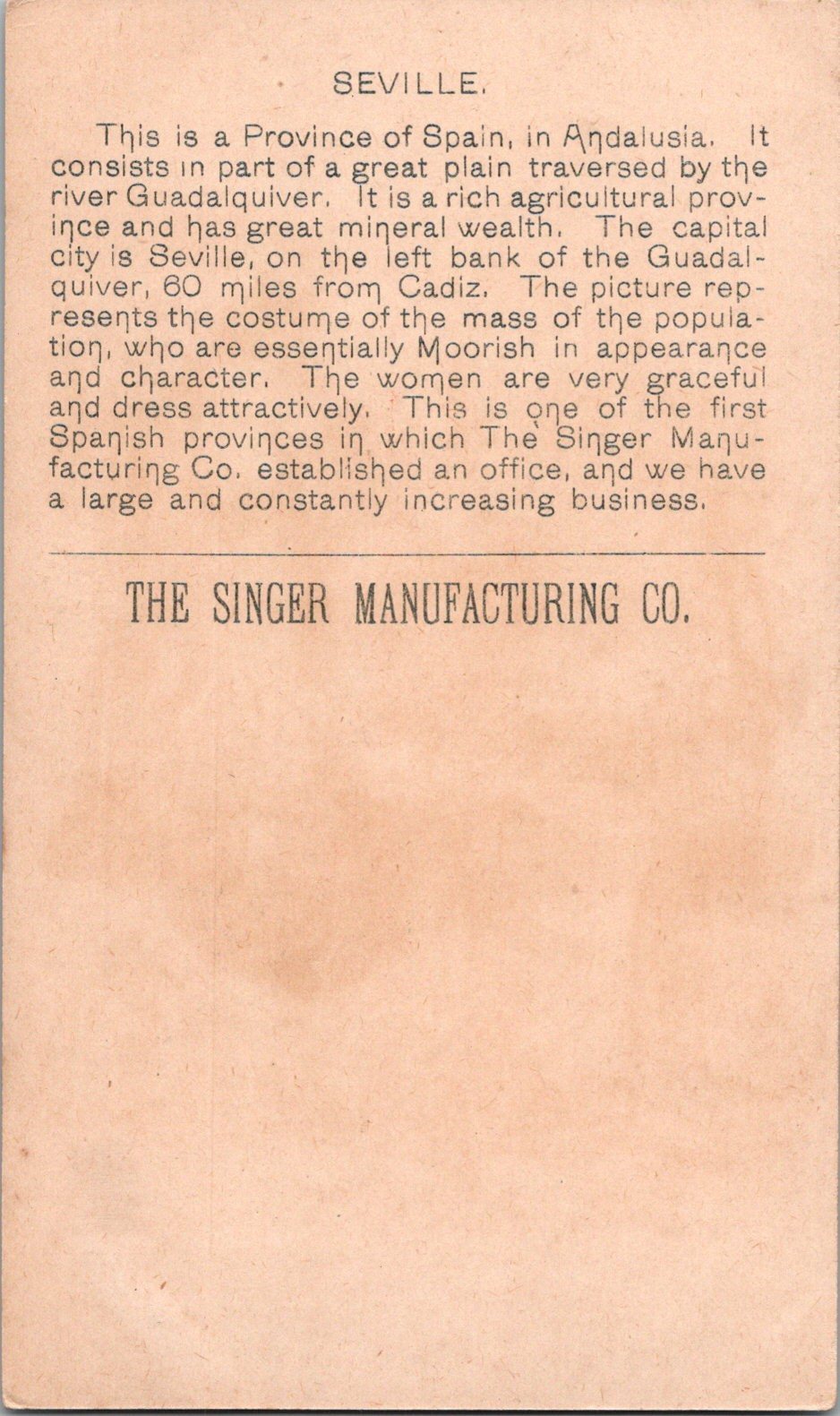 c1892 Singer Manufacturing Co. Sewing Trade Card SPAIN Sevilla Costumes Nations