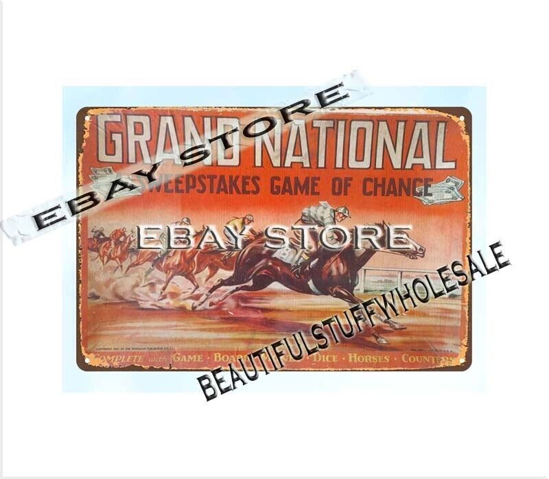 1937 GRAND NATIONAL HORSE RACE SWEEPSTAKE GAME of chance metal tin sign