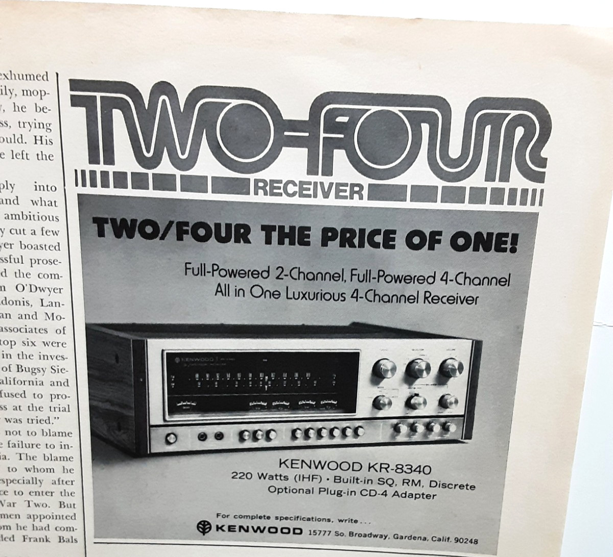 Vintage Kenwood KR-8340 Two-Four Receiver Ad 1974 Hi-Fi Stereo Print