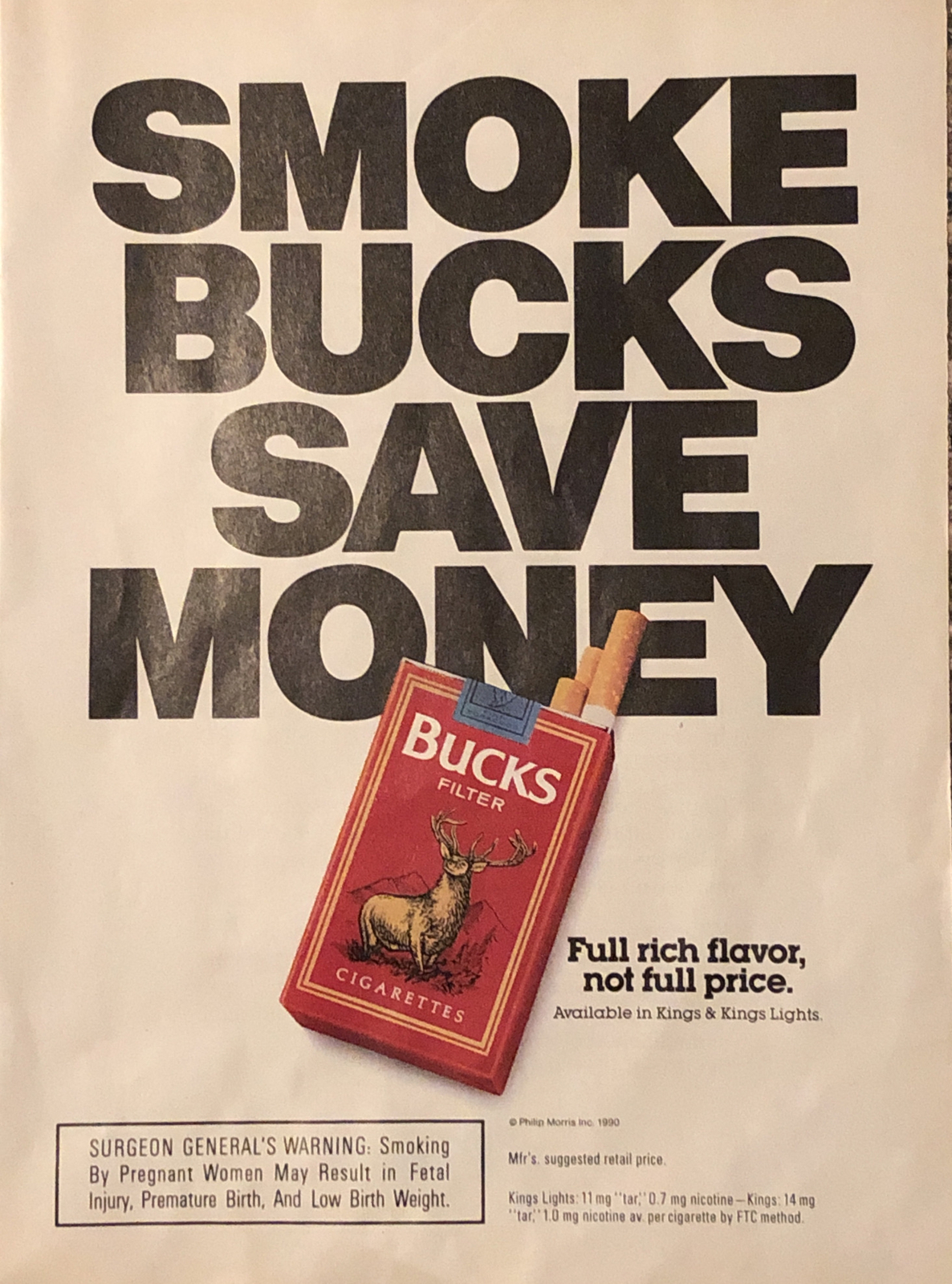1990 Bucks Cigarettes PRINT AD Full Rich Flavor Smoke Bucks Save Money VTG 90s