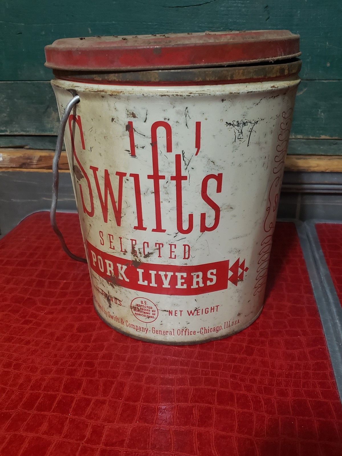 VINTAGE SWIFT’S CO. SELECTED PORK LIVERS TIN CAN 10LBS CHICAGO WORM CAN BUCKET