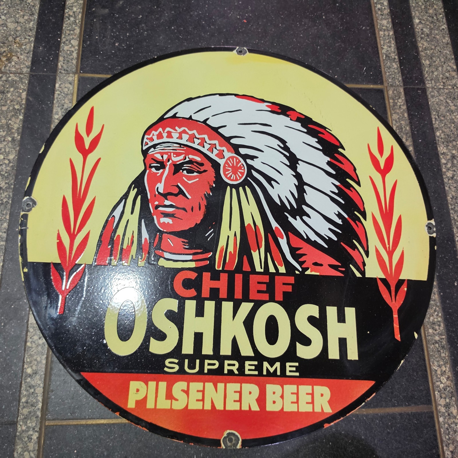 OSHKOSH BEER PORCELAIN ENAMEL SIGN 29 X 29 INCHES