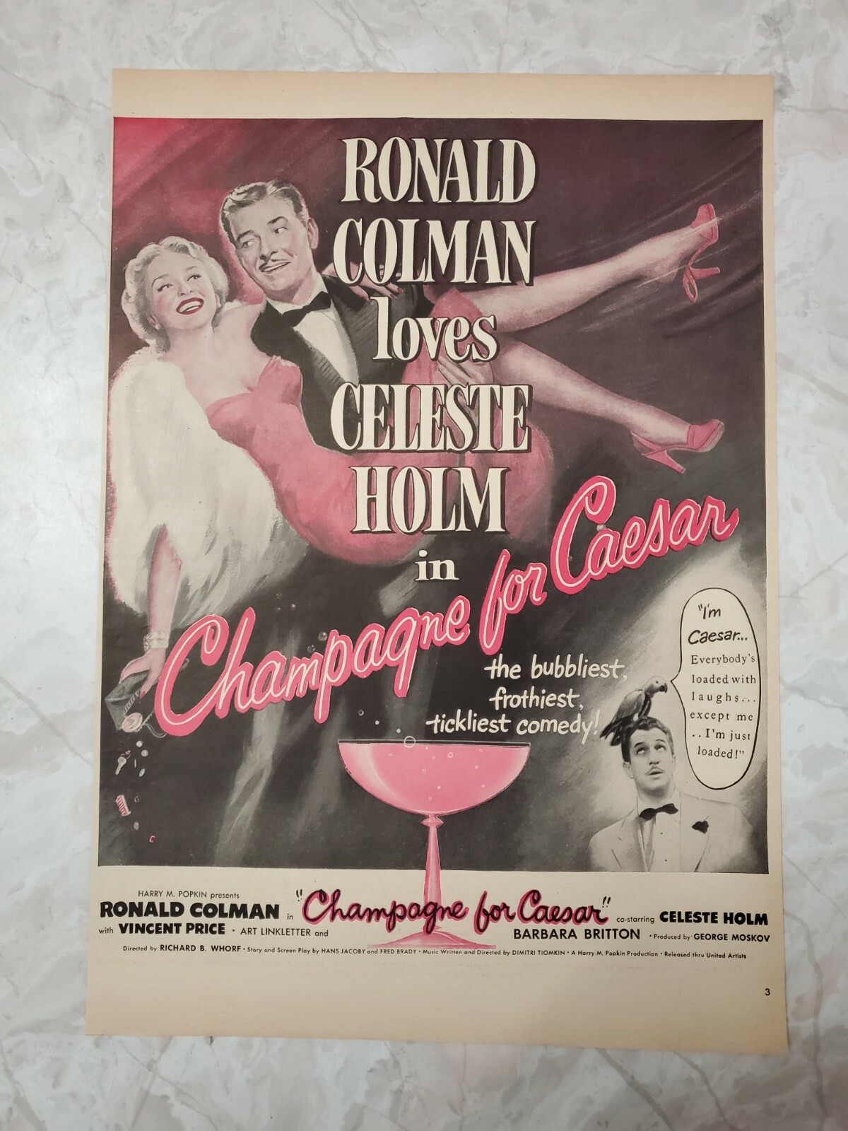 1950 CHAMPAGNE FOR CAESAR MOVIE AD – RONALD COLMAN AND CELESTE HOLM