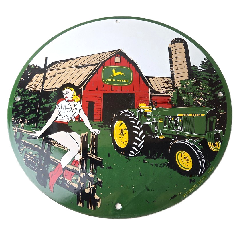 Vintage John Deere Pin Up Porcelain Sign – Barn Tractor Farm Girl Sign
