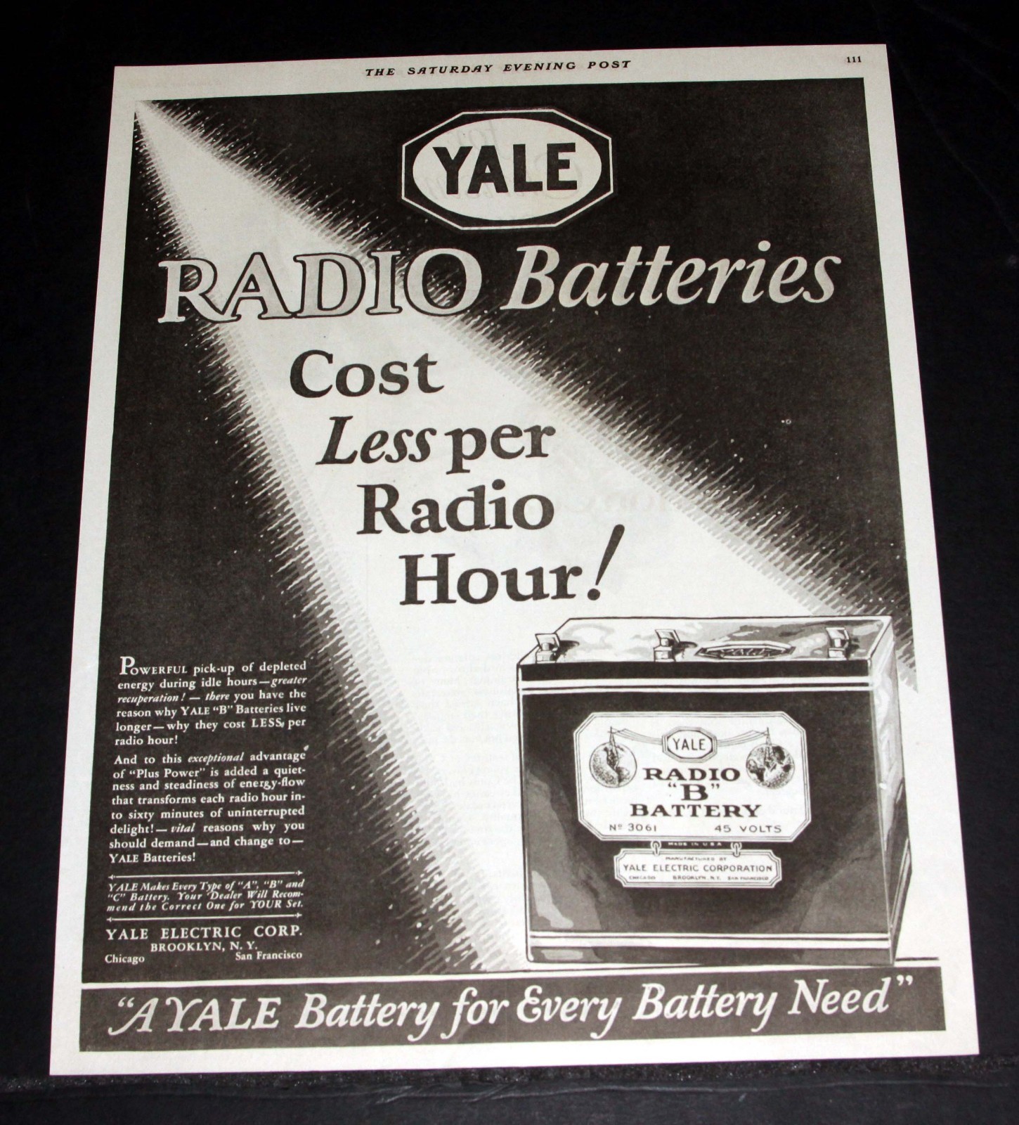 1926 OLD MAGAZINE PRINT AD, YALE RADIO BATTERIES, THEY COST LESS PER RADIO HOUR!