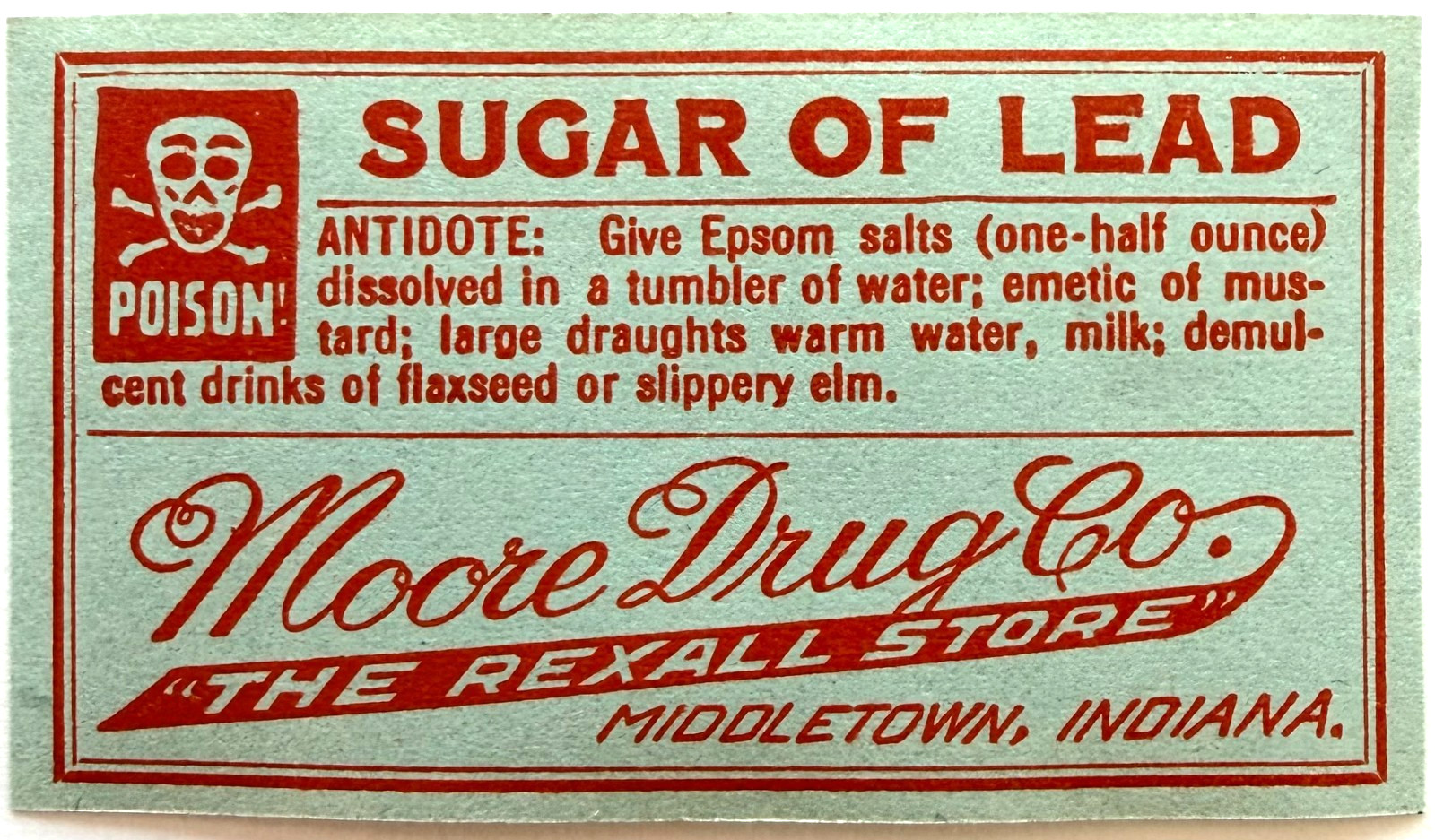 1920s Antique Poison Label Skull Sugar Of Lead Rexall Drug NOS Ephemera Moore Co