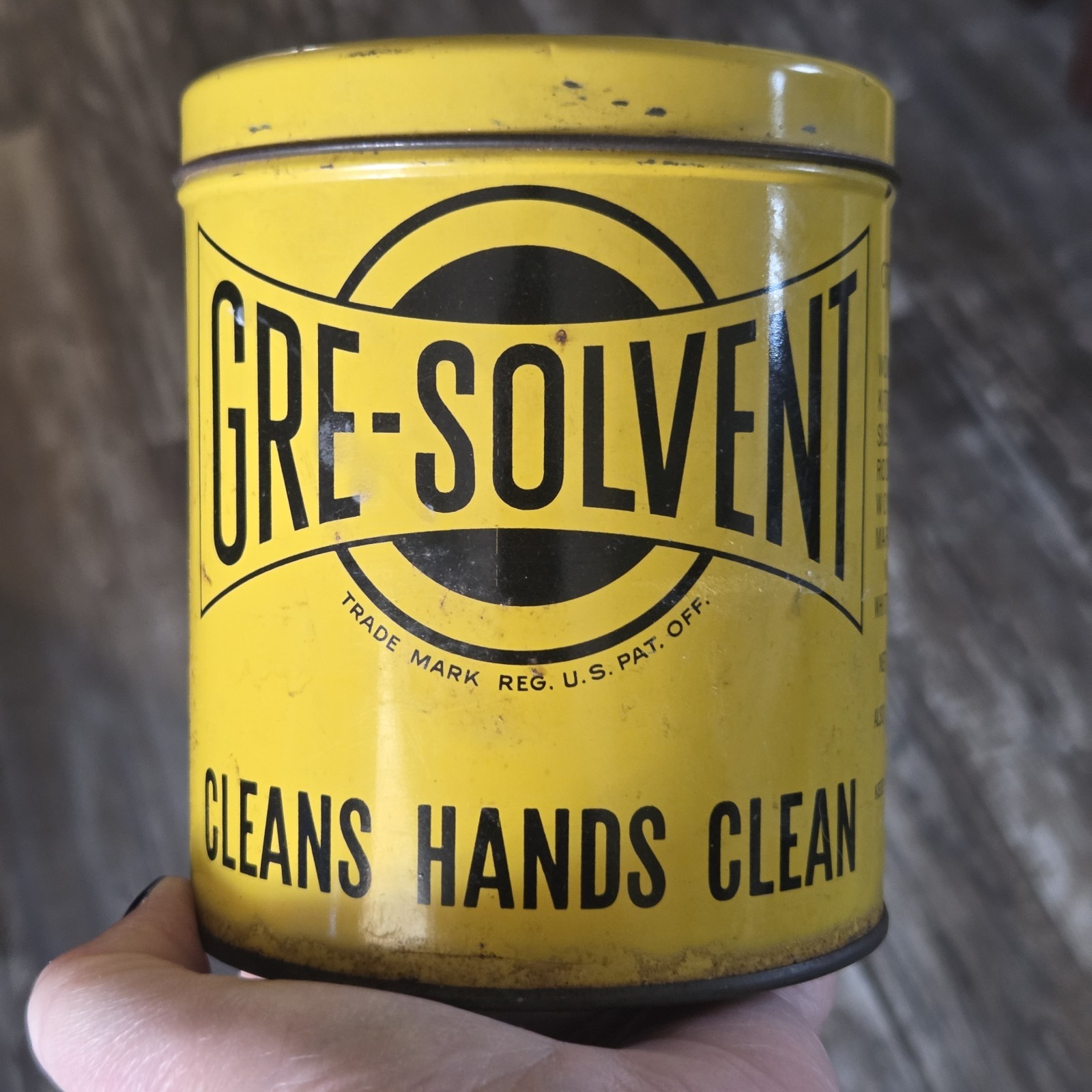 Vintage Art Deco Yellow & Black Gre-Solvent Hand Cleaner 3lb Tin Can 5″ x 4″