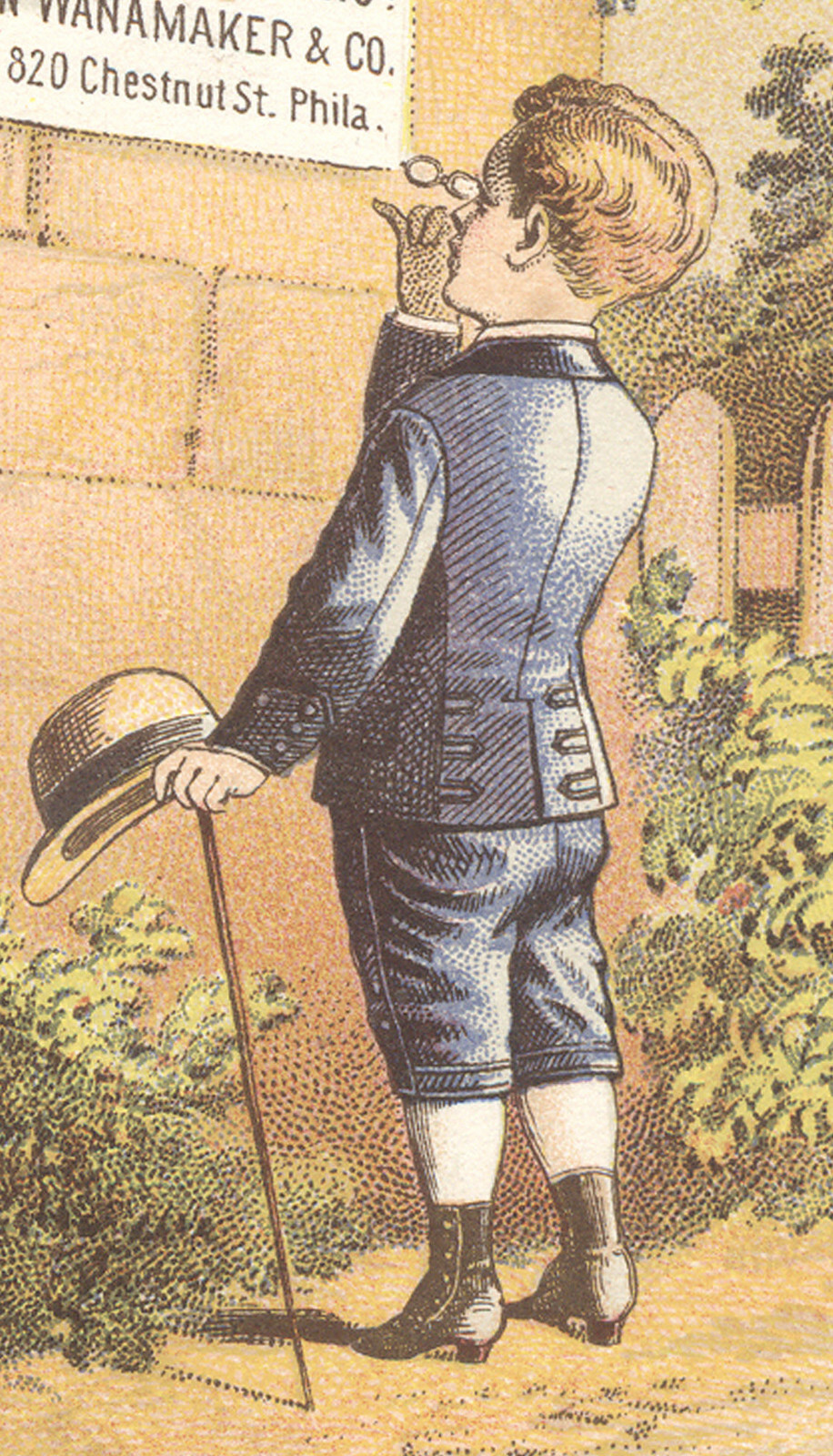 PHILADELPHIA TRADE CARD, BOY w/ PRINCE NEZ GLASSES & J WANAMAKER & CO SIGN C615