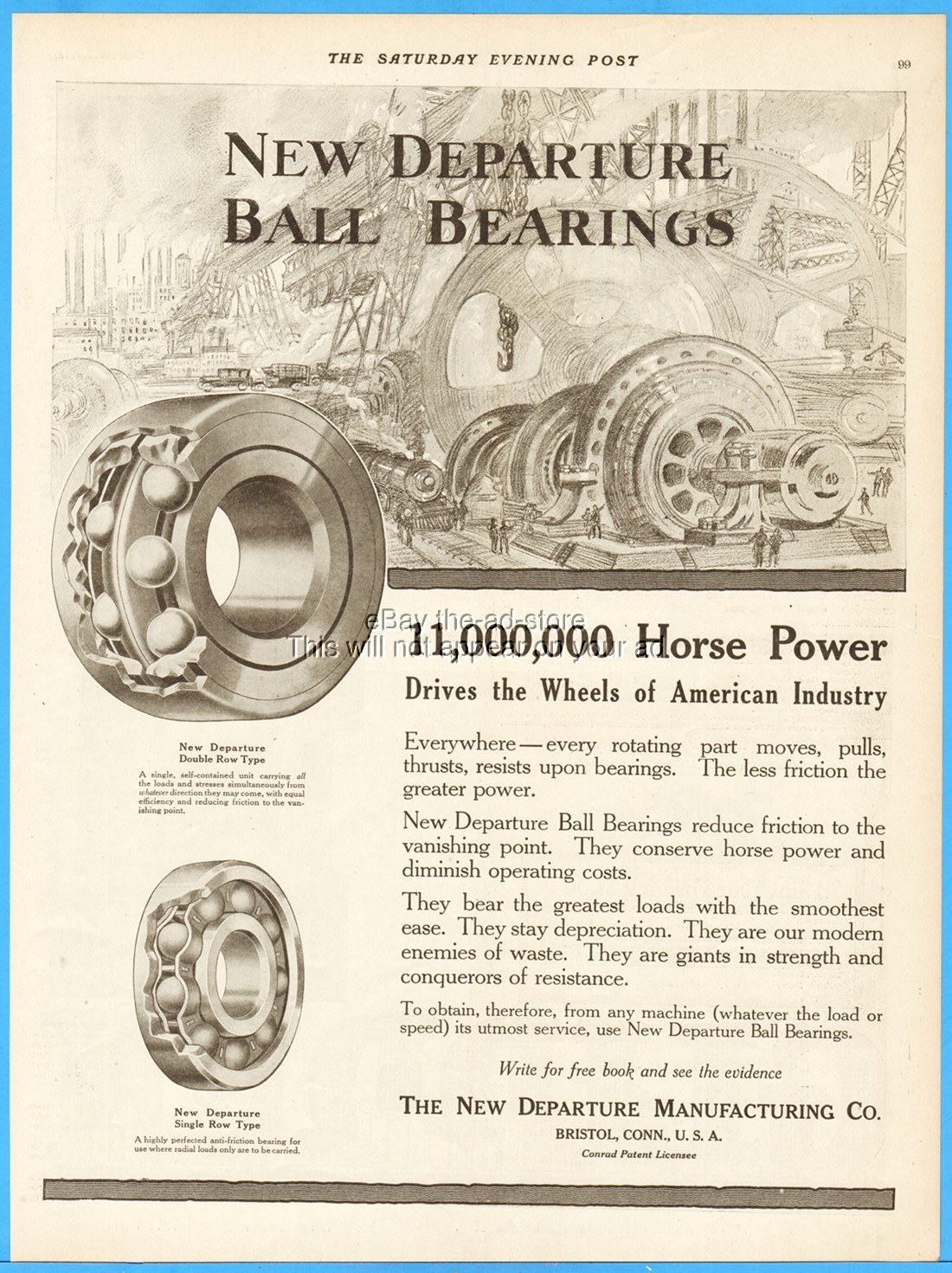 1917 New Departure Bearings Bristol CT Print Ad Horse Power American Industry