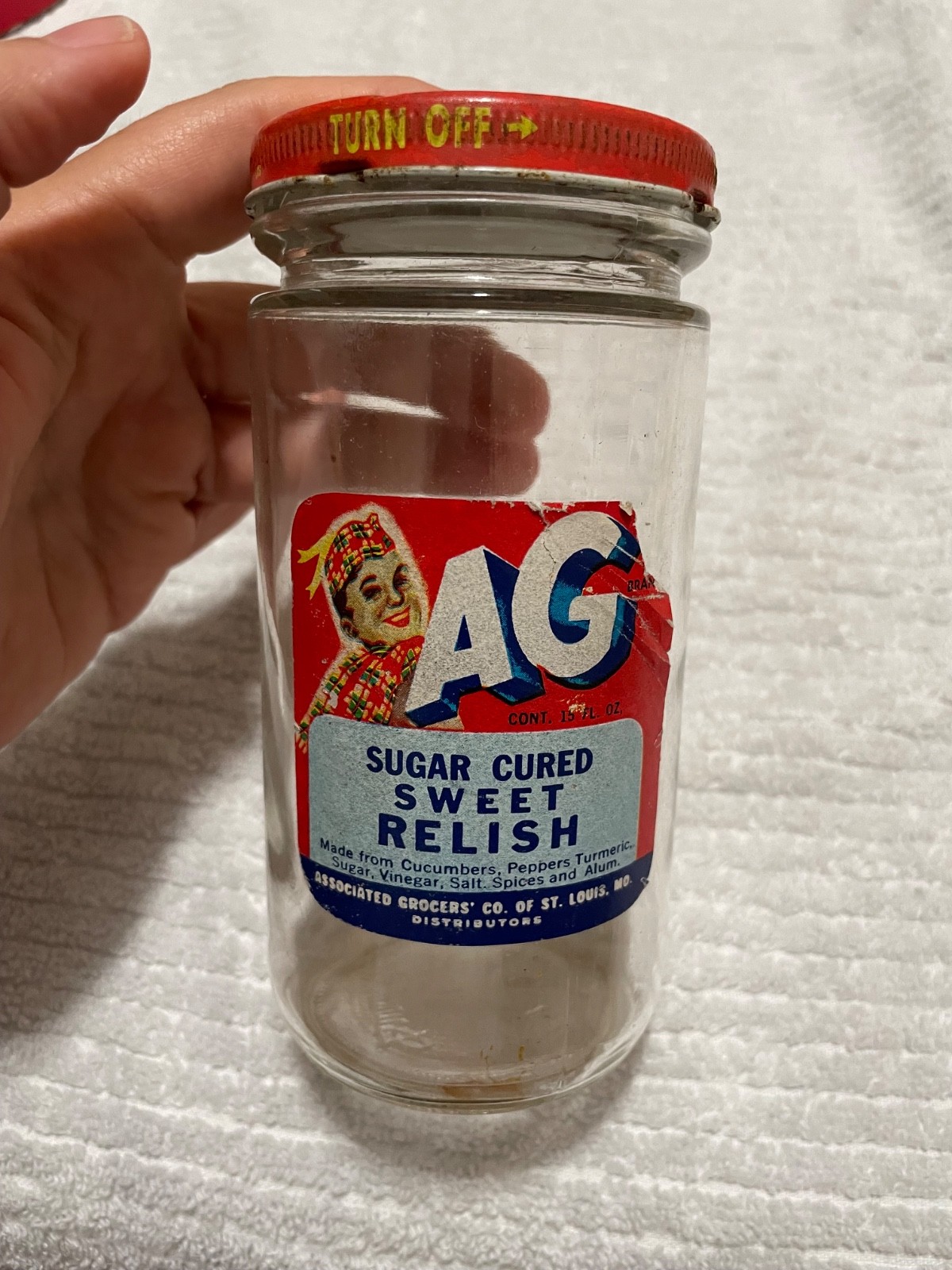 AG Sugar Cured Sweet Relish Paper Label Glass Jar Metal Lid 5 Ounces ST. Louis