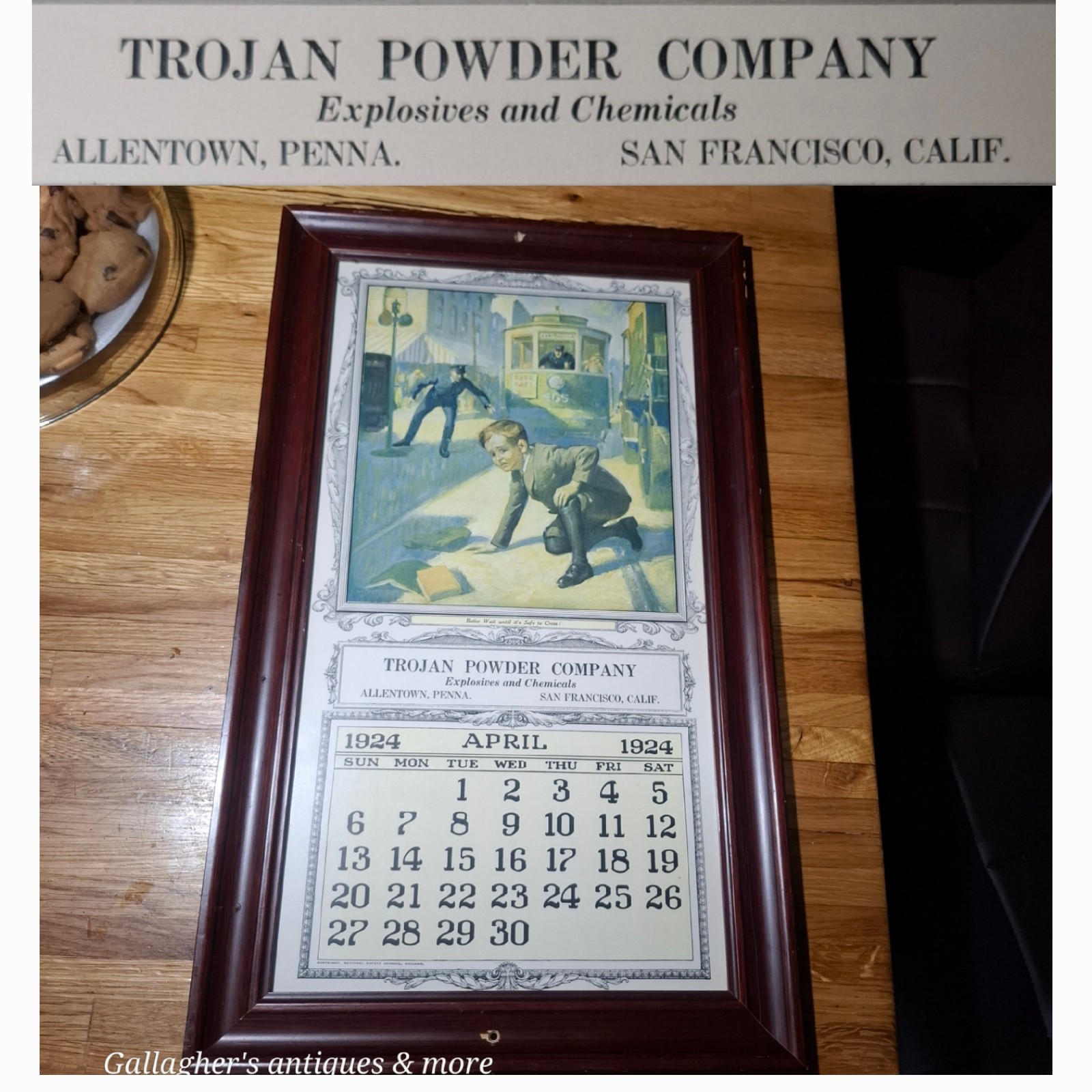 1924 Framed calendar TROJAN POWDER COMPANY Explosives & Chemicals 21″x12.5″ Sign